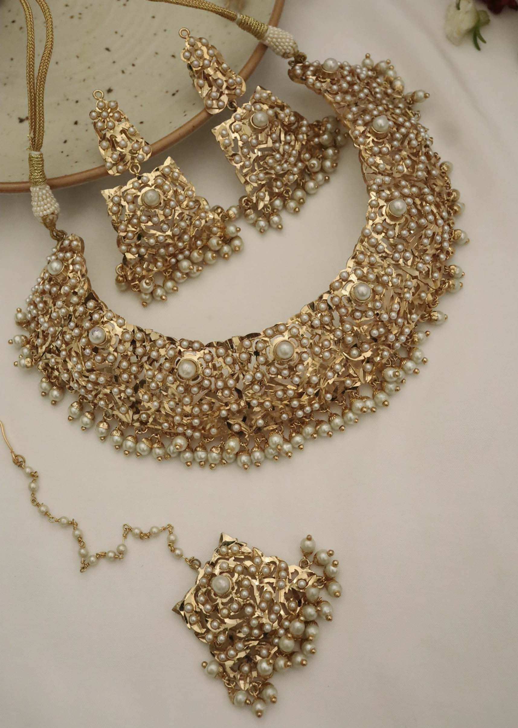 Gold Plated Necklace And Earrings Set With Pearls And Semi Precious Stones In Jadau Inspired Design