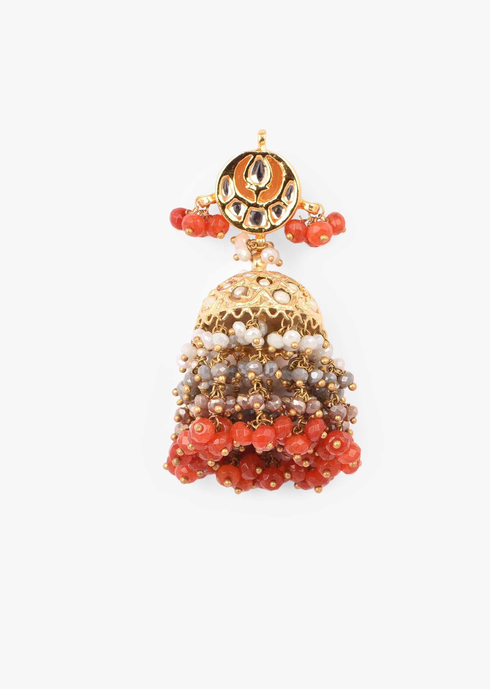 Gold Plated Necklace And Jhumka Set With Hexagon Polki And Beads Fringes In Coral And Grey Tones 