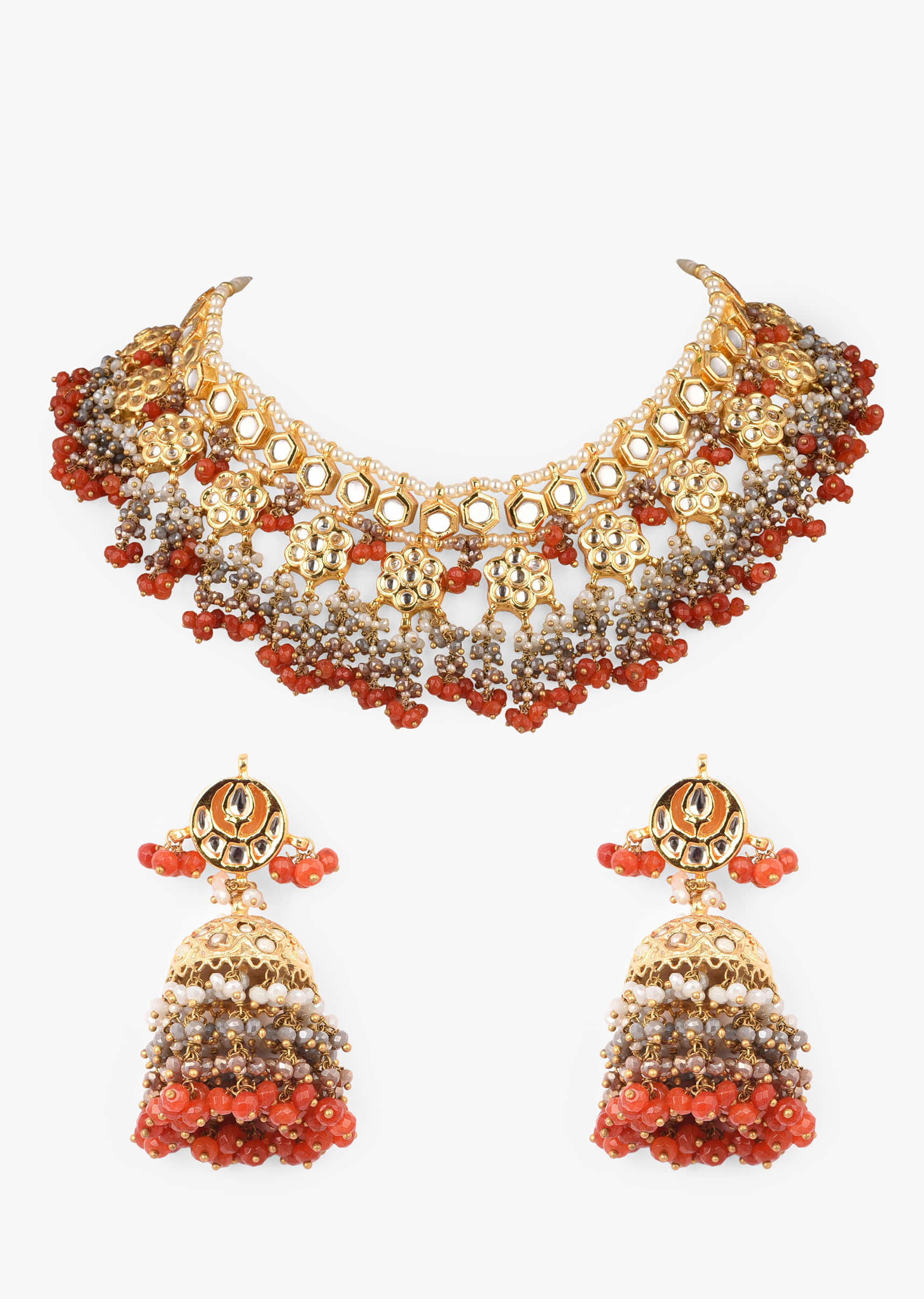 Gold Plated Necklace And Jhumka Set With Hexagon Polki And Beads Fringes In Coral And Grey Tones 