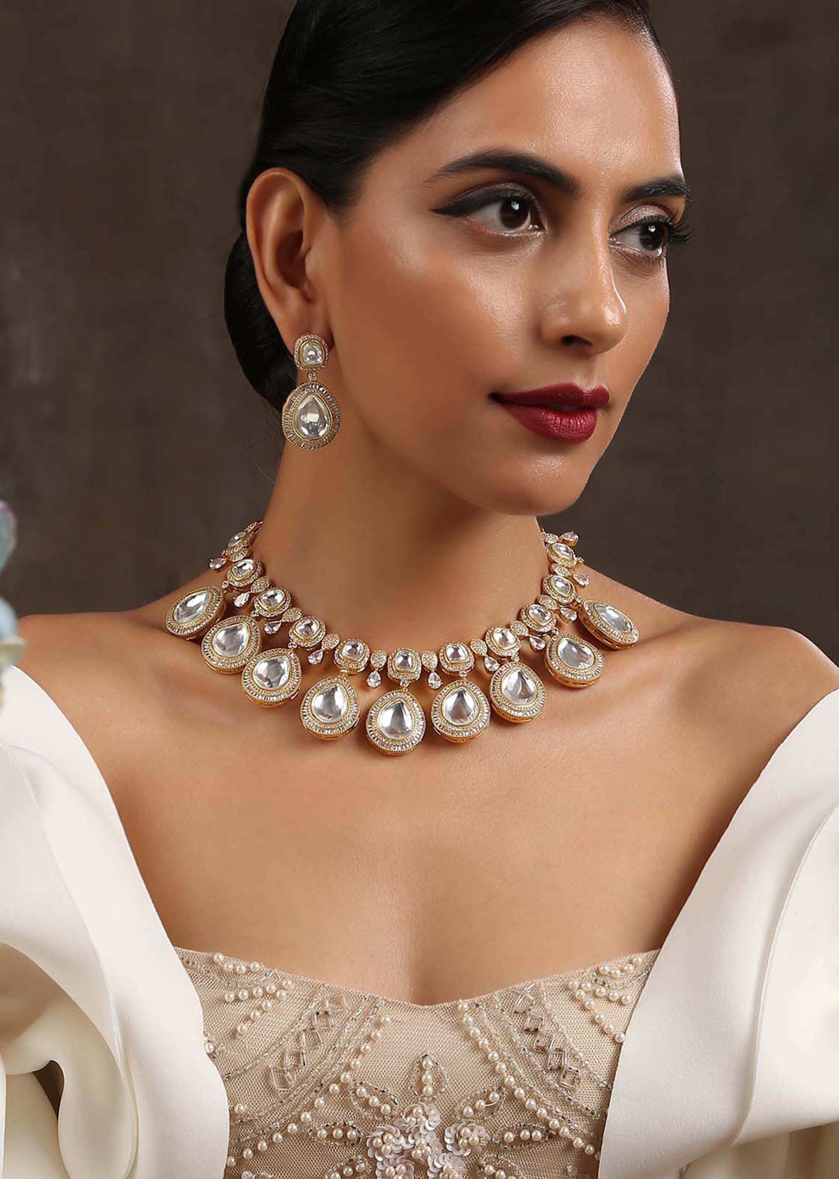 Gold Plated Necklace Set In A Victorian Inspired Design With Polki And Zirconia