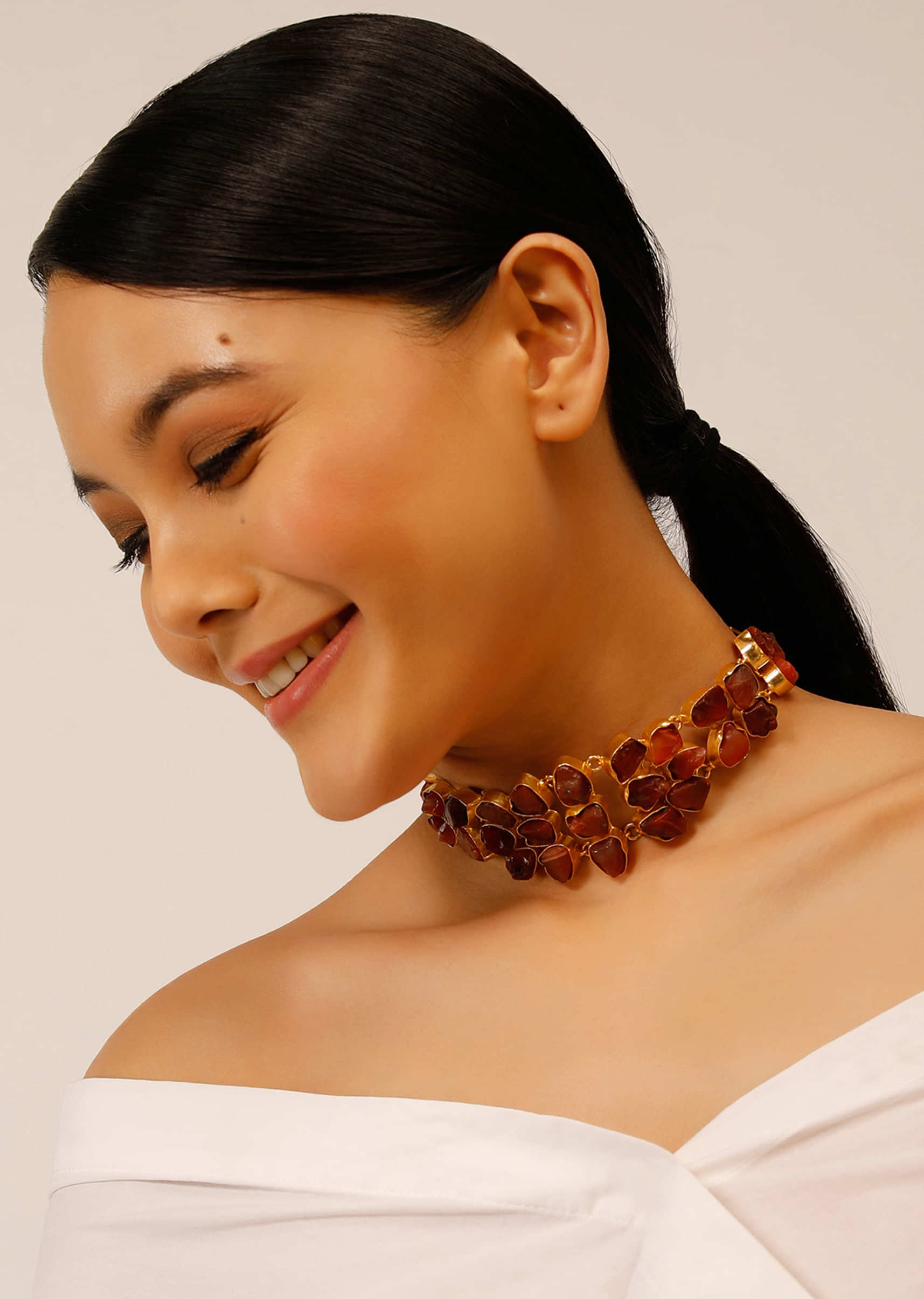 Gold Plated Necklace With Copper Brown Semi Precious Uncut Stones In Modern Design  