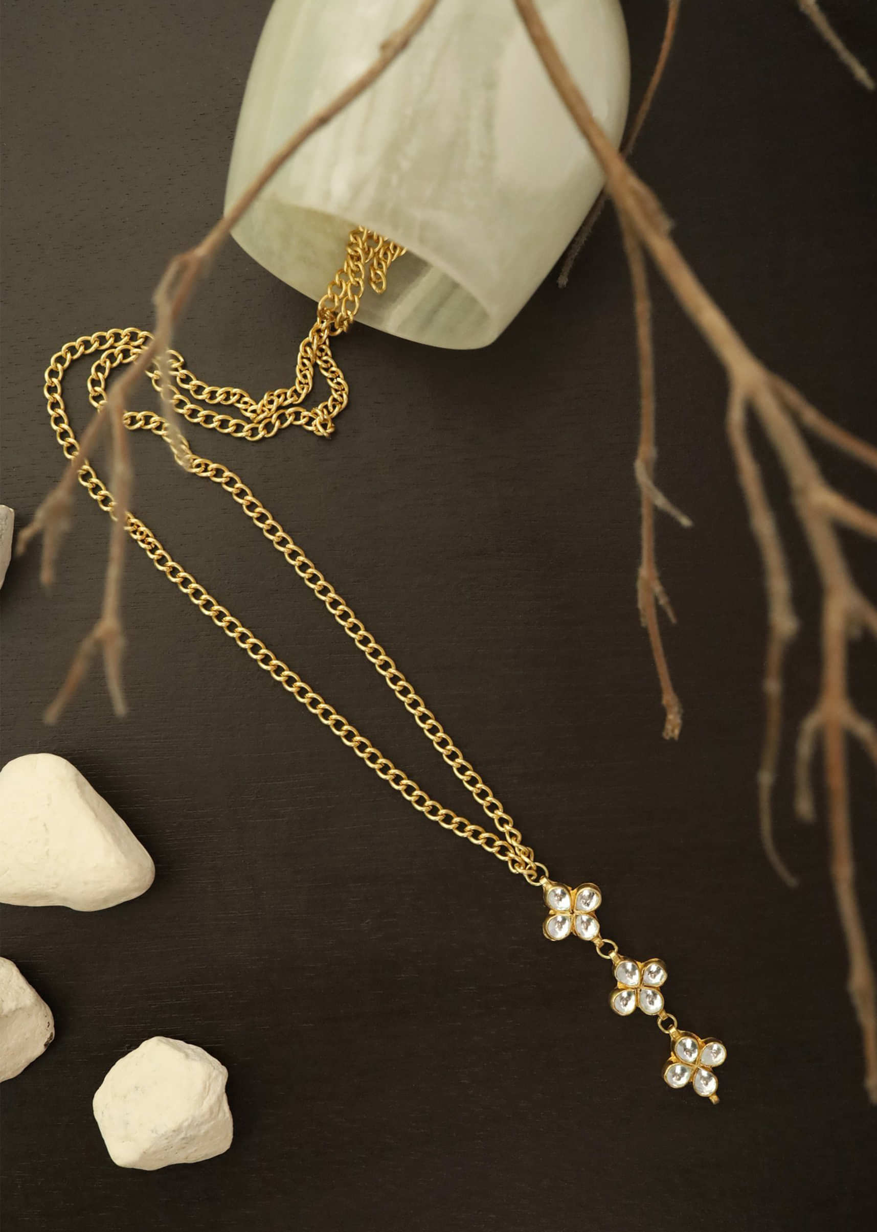 Gold Plated Necklace With Floral Chain Encrusted With Kundan Pendant