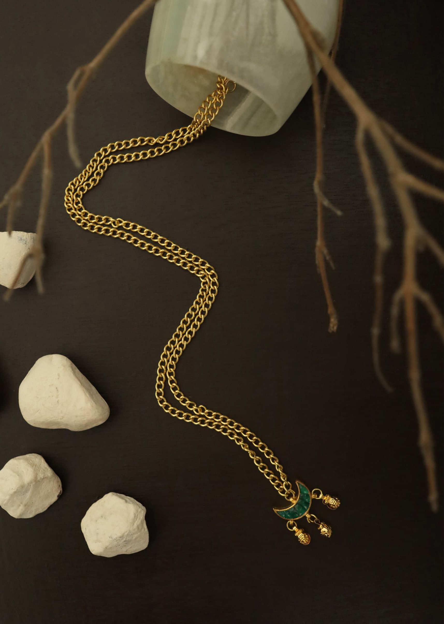 Gold Plated Necklace With Green Crescent Pendant With Dangling Ghungroos