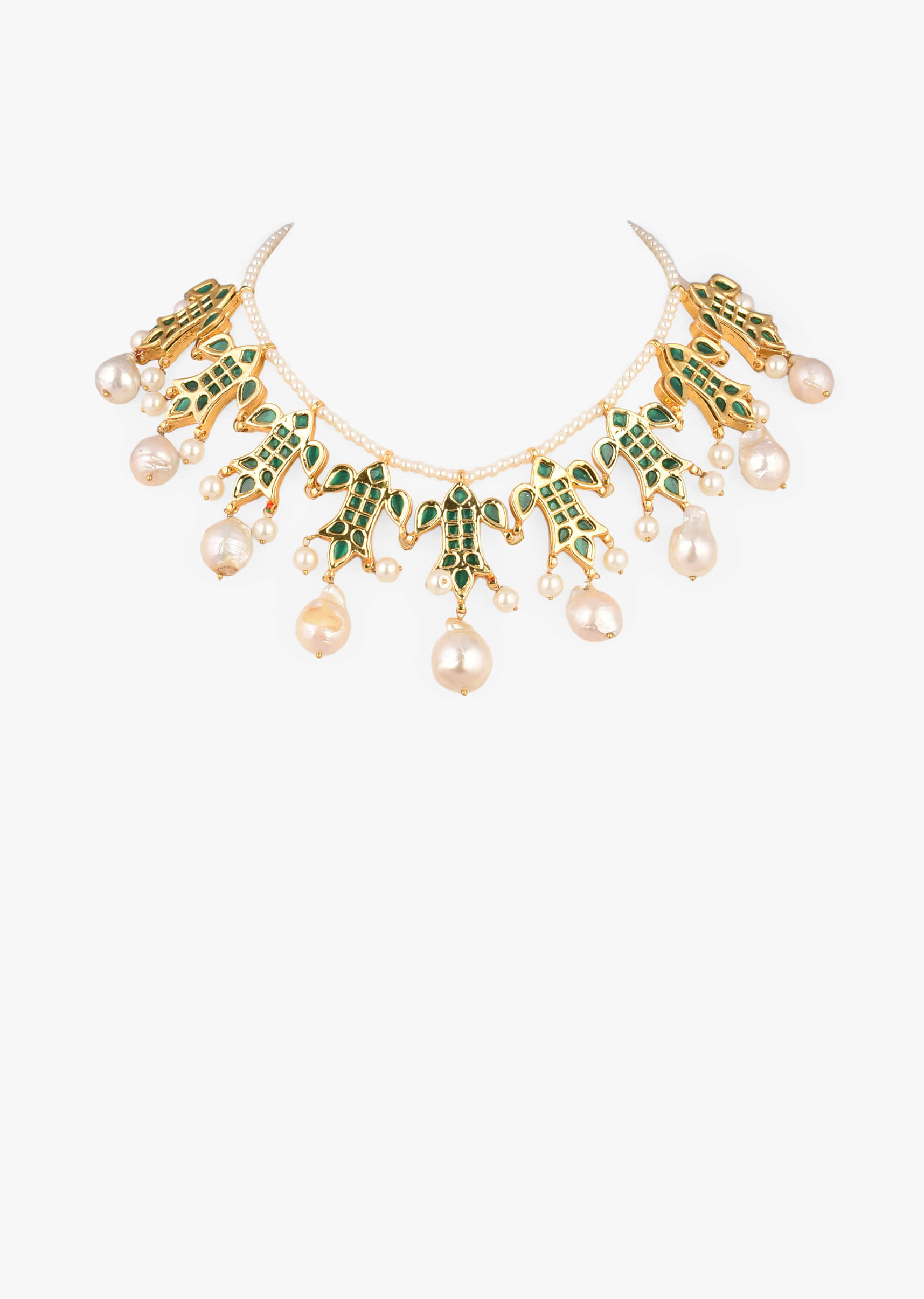 Gold Plated Necklace With Green Kundan Fish Motifs And Baroque Pearl Drops 