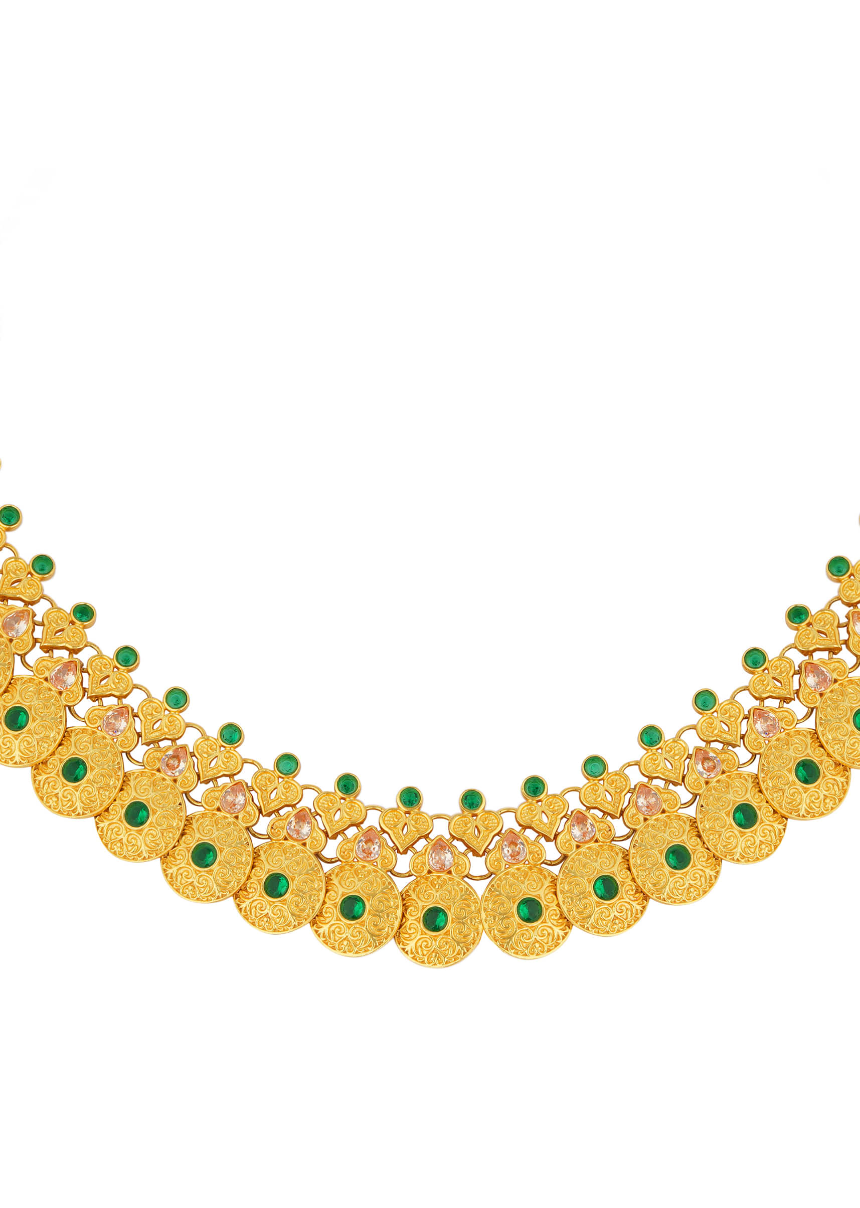 Gold Plated Necklace With Intricate Filigree Studded In Champagne And Green Cz By Zariin