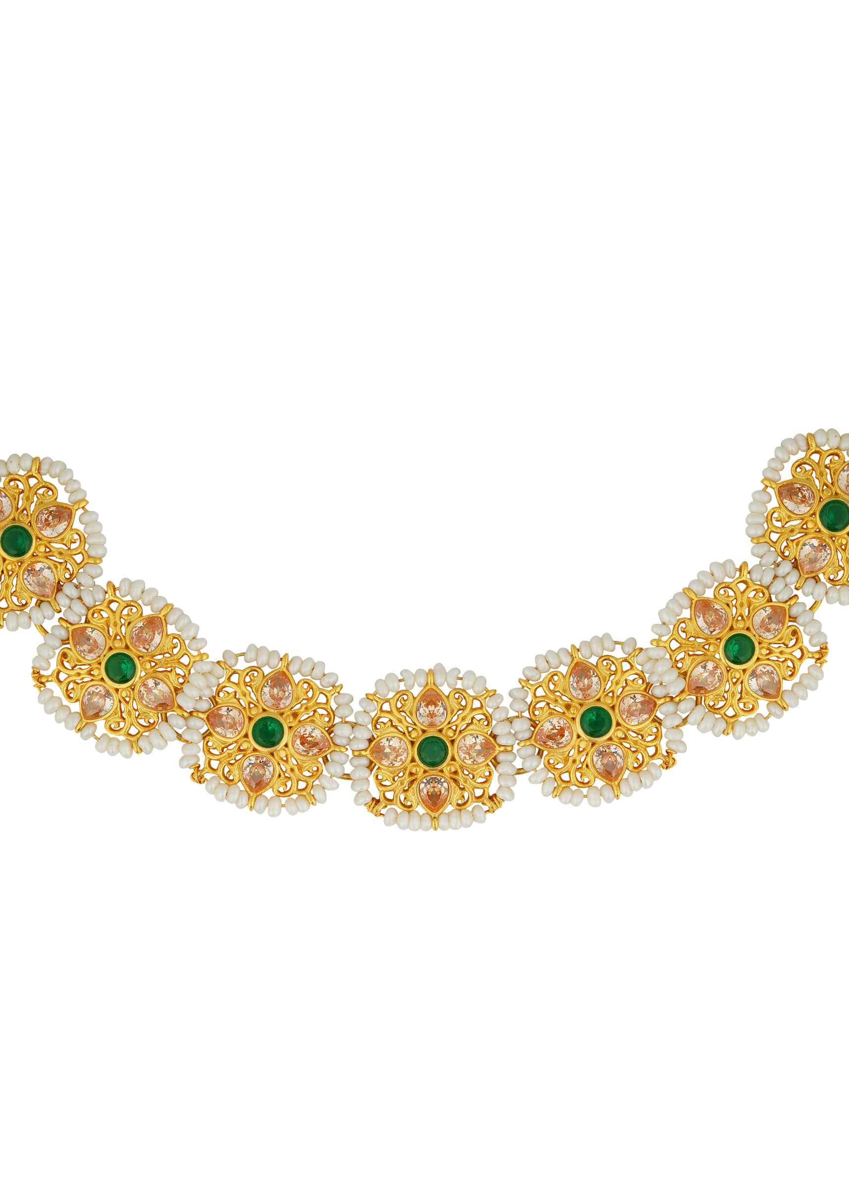 Gold Plated Necklace With Mughal Inspired Motifs Adorned In Pearls And Green Cz By Zariin
