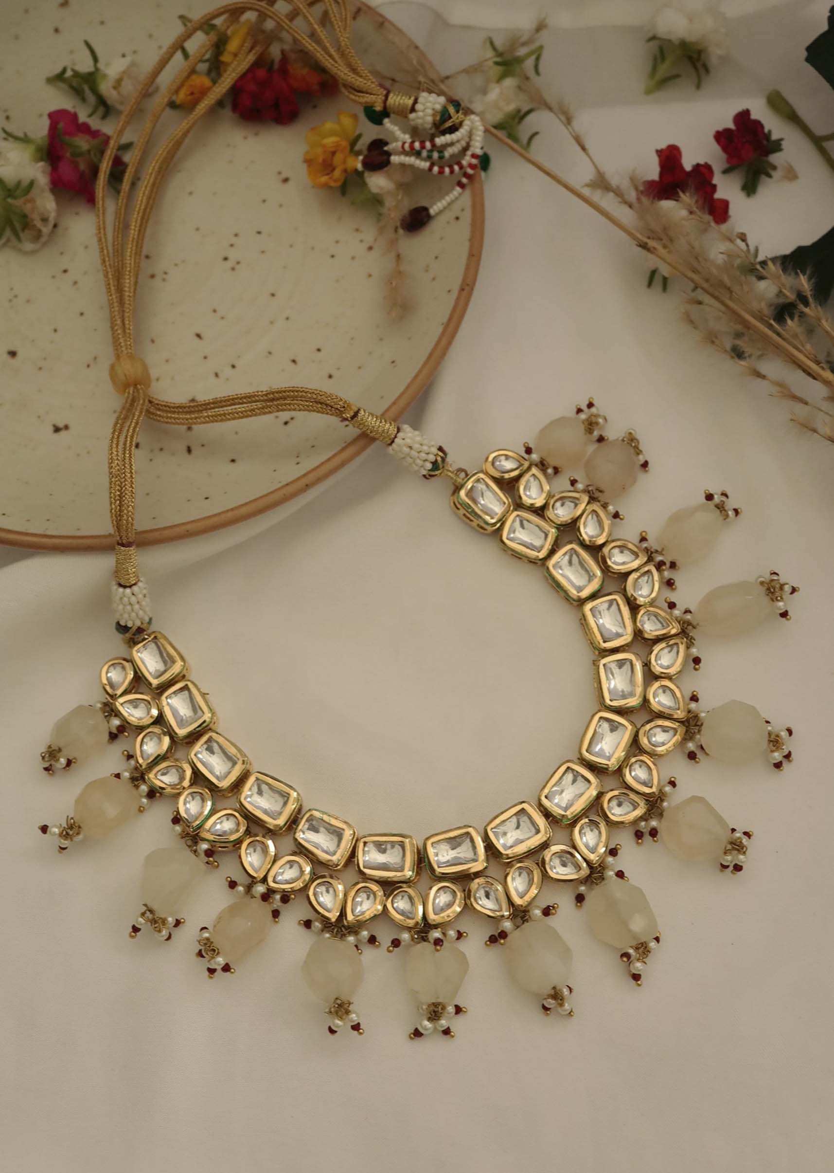 Gold Plated Necklace With Pink Quartz Stones, Kundan And Pearl Trinkets