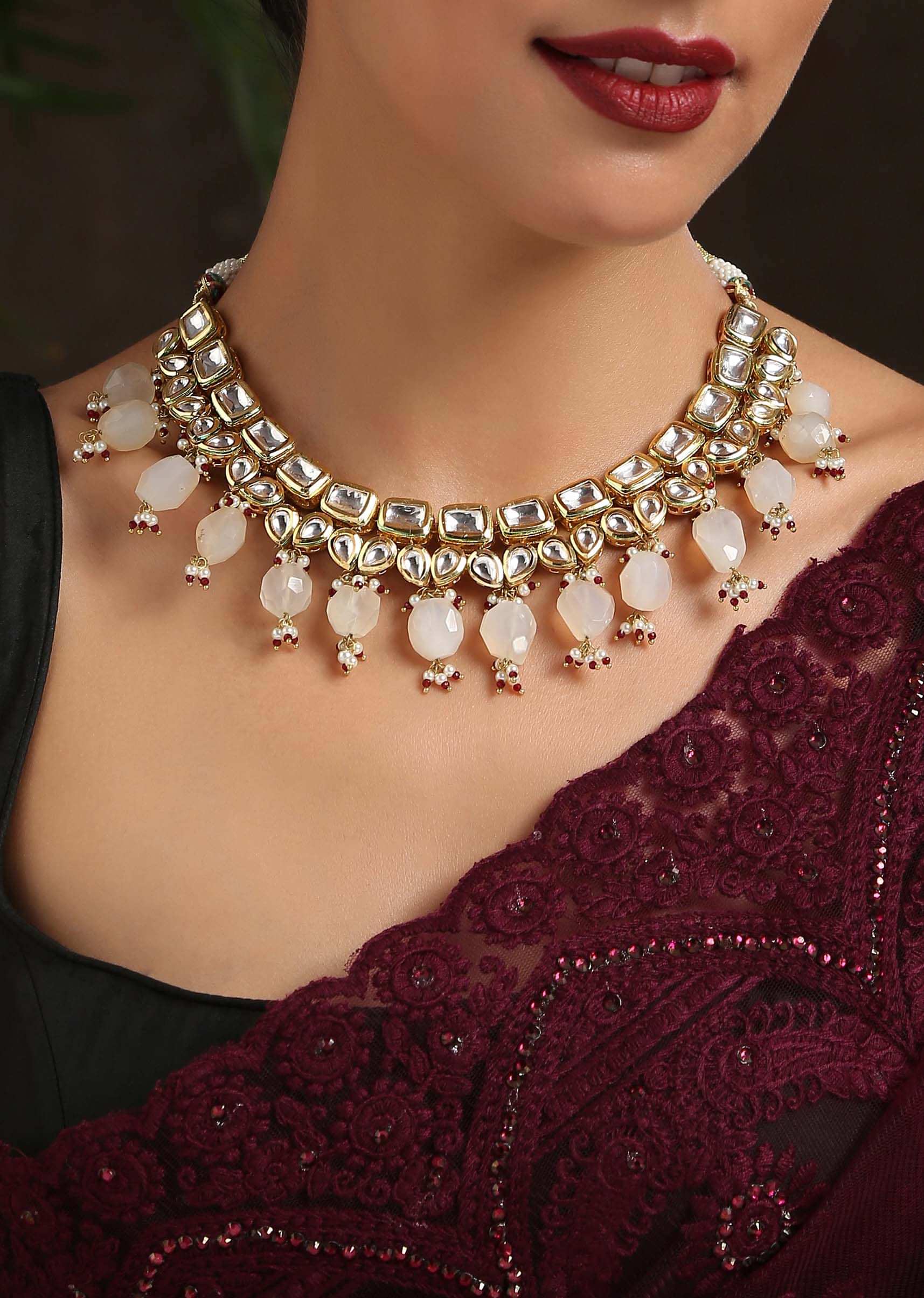 Gold Plated Necklace With Pink Quartz Stones, Kundan And Pearl Trinkets