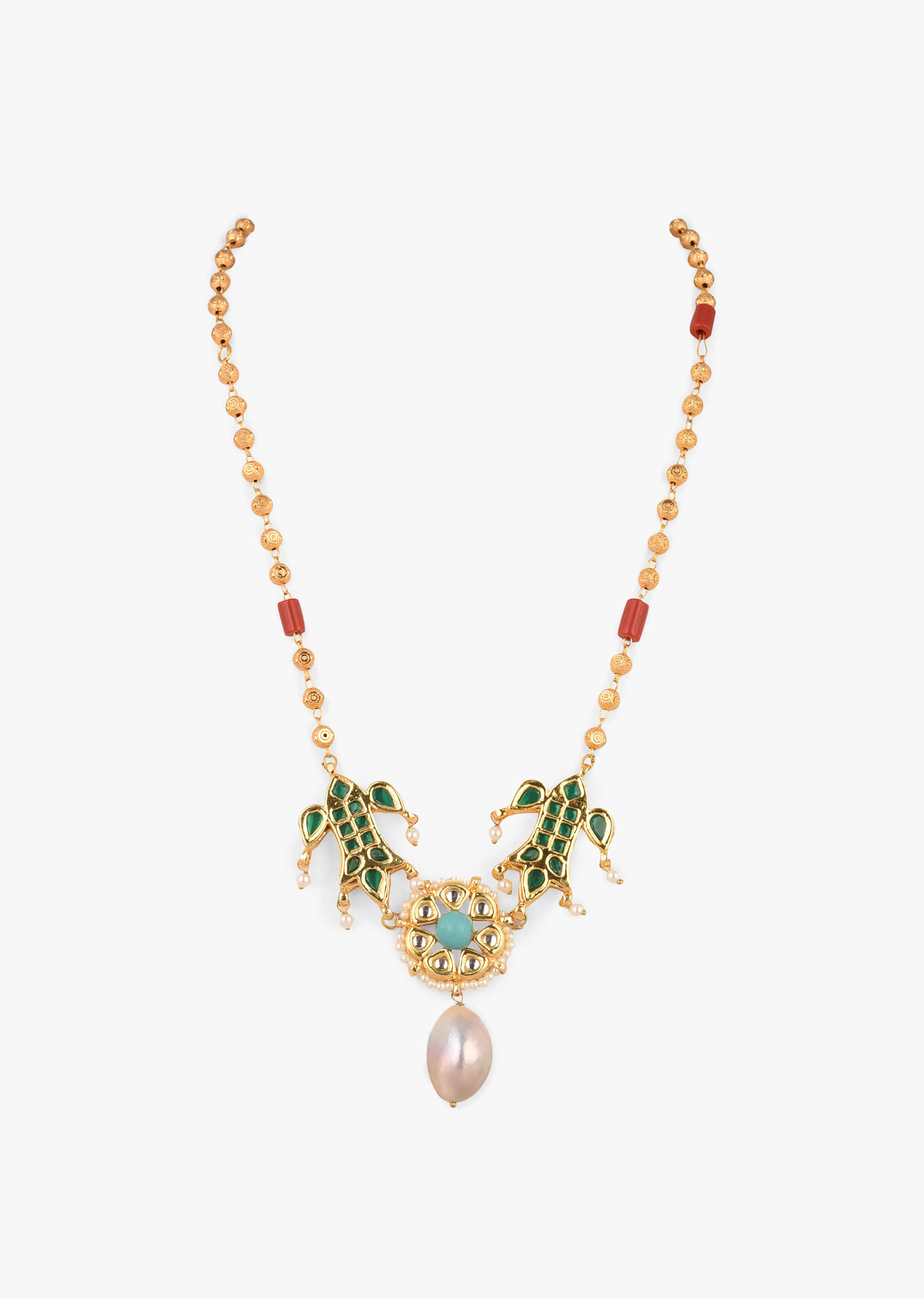 Gold Plated Necklace With Turquoise Stone Studded Kundan Pendant And Dangling Baroque Pearl 