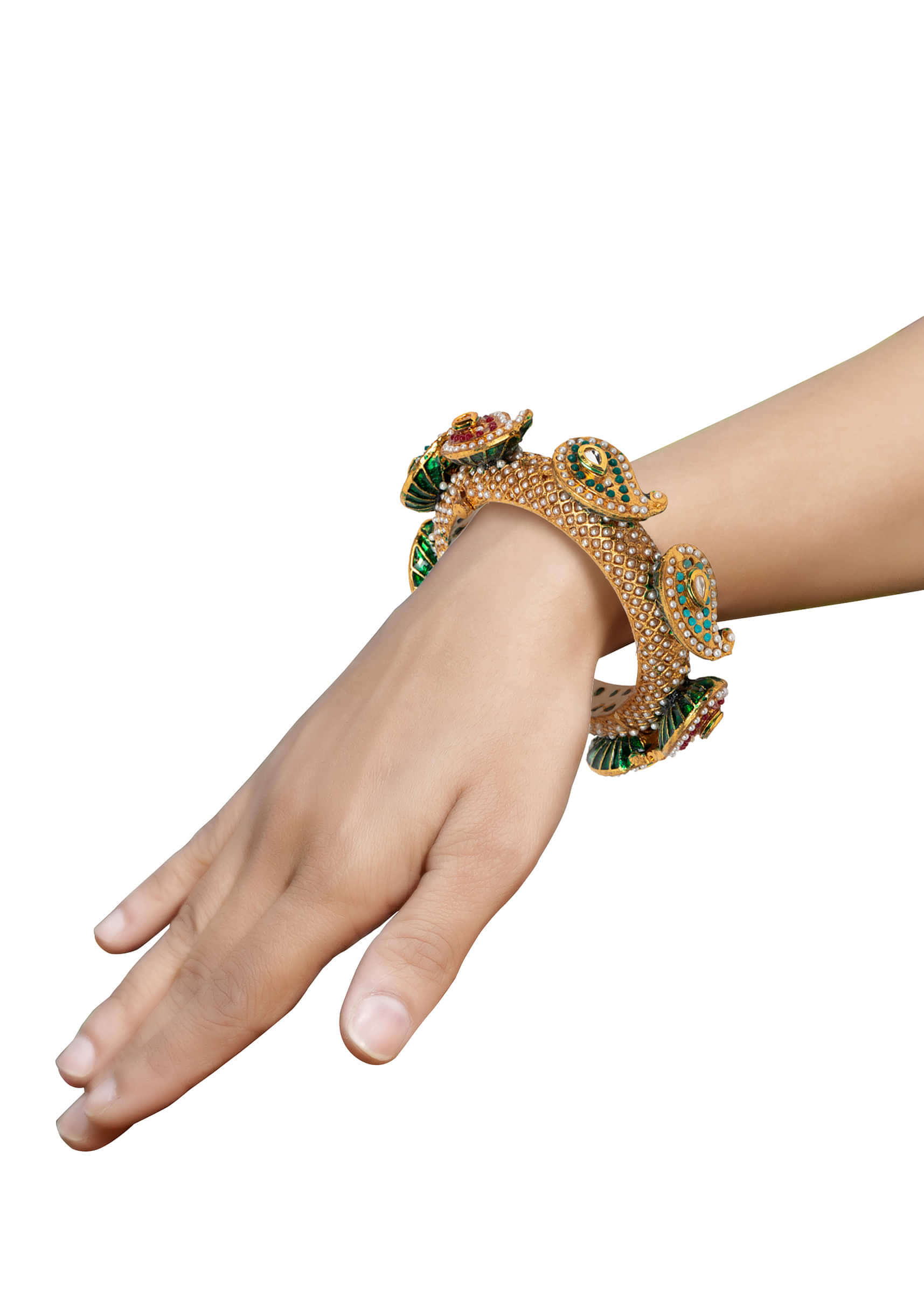 Gold Plated Rajwada Mango Pacheli Bangle With Multi Colored Stones And Pearls By Tizora