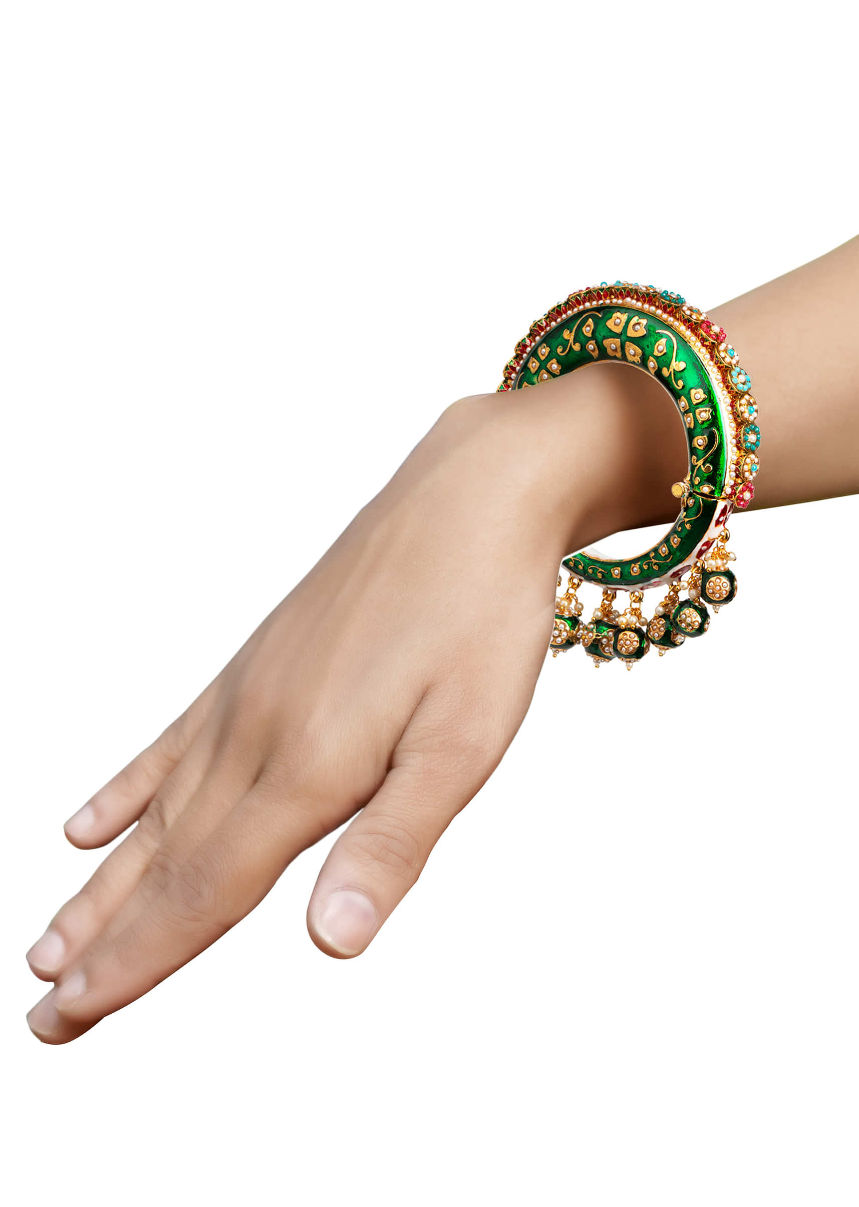 Gold Plated Rajwada Pacheli Bangle With Minakari Hangings, Colorful Stones And Pearls By Tizora