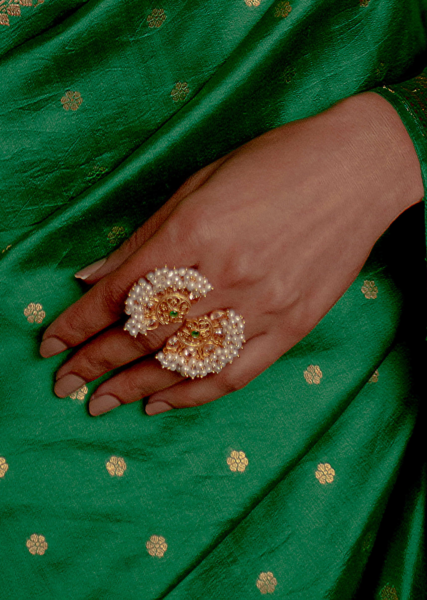 Gold Plated Ring In Mughal Design With Dainty Pearls By Zariin