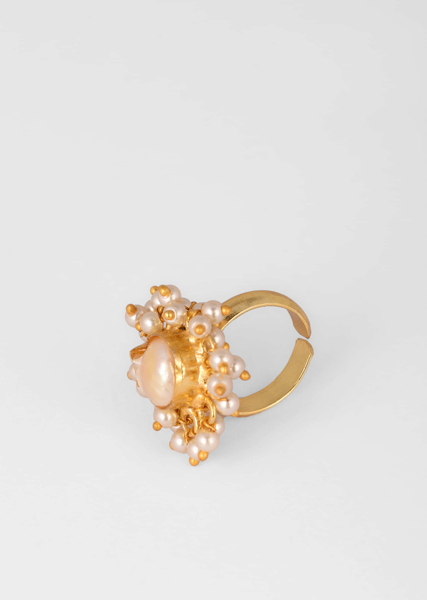 Gold Plated Ring With A Drop Shaped Baroque Pearl Centre And Tiny Pearls 