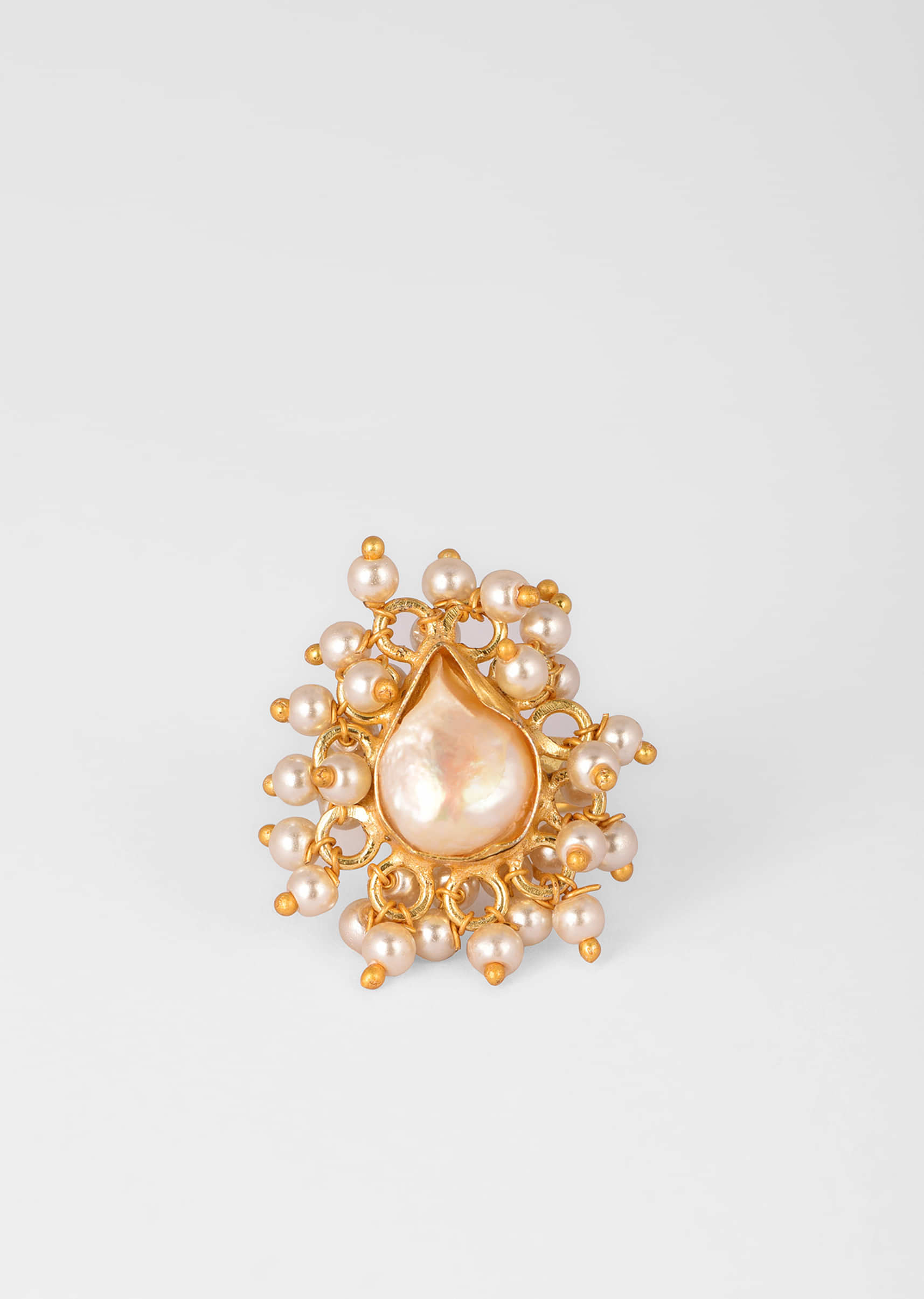 Gold Plated Ring With A Drop Shaped Baroque Pearl Centre And Tiny Pearls 