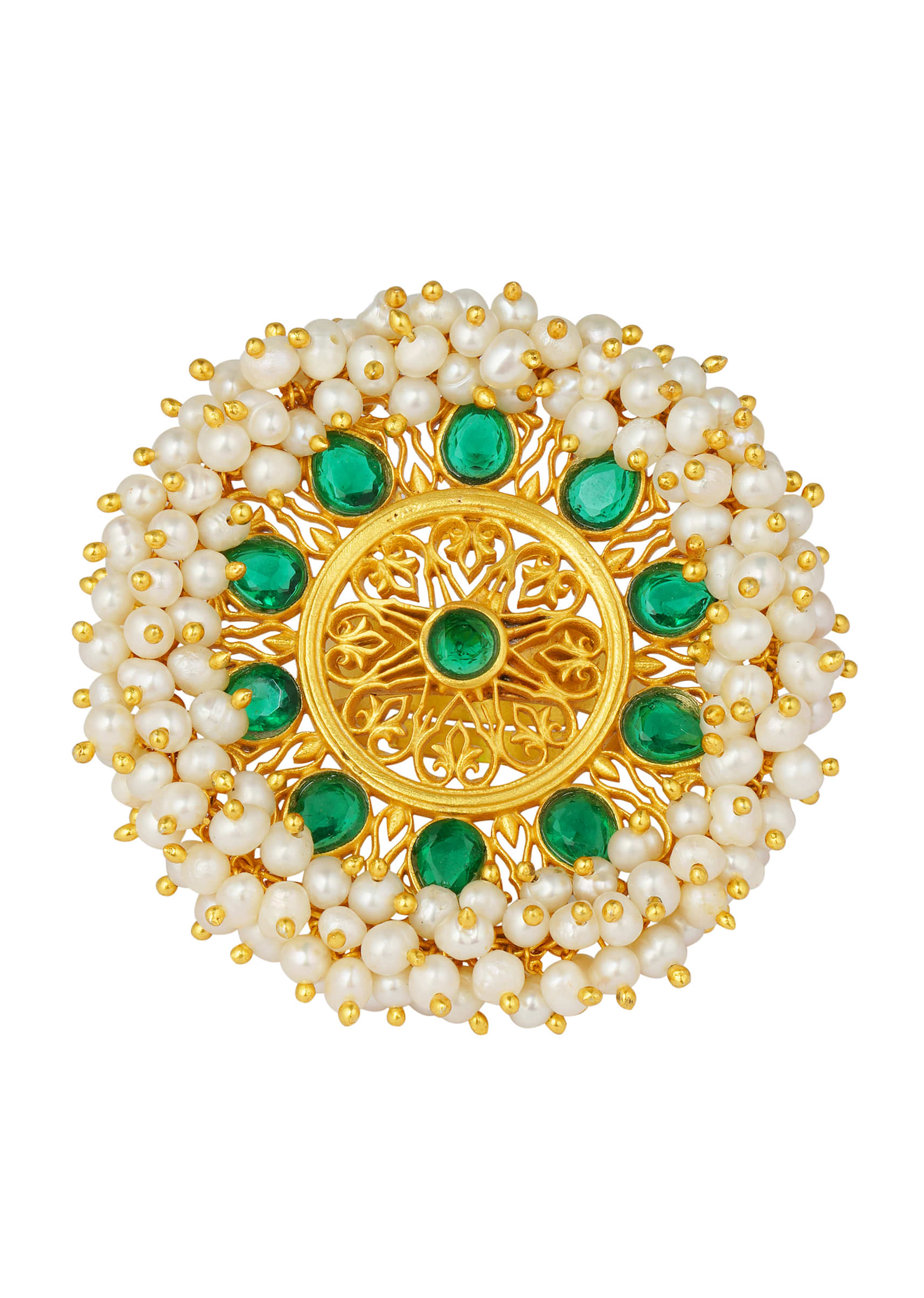 Gold Plated Ring With Green Cz Stones And Pearls Inspired From The Royal Crown By Zariin