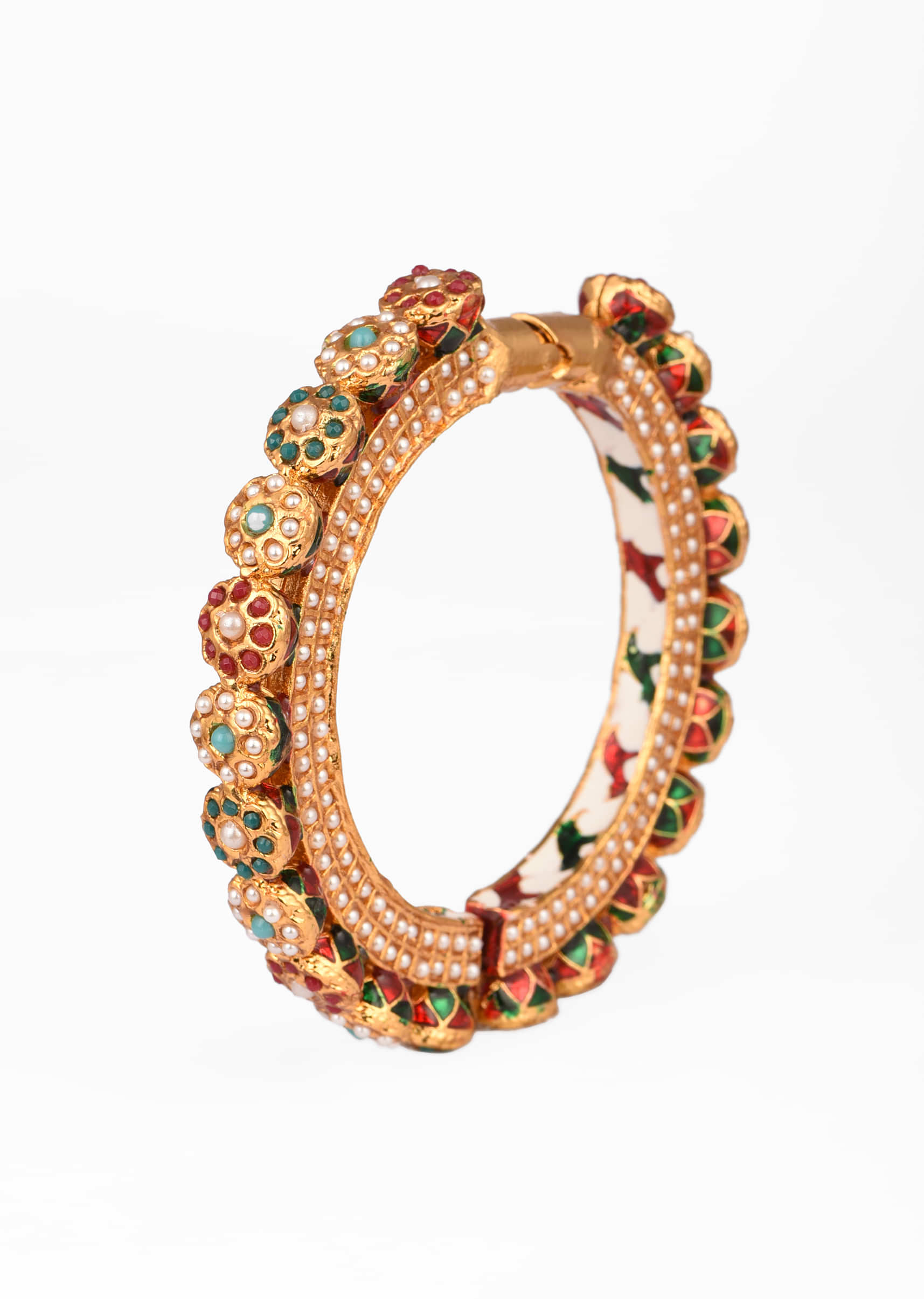 Gold Plated Round Bangle With Multi Colored Minakari And Bead Studded Flowers