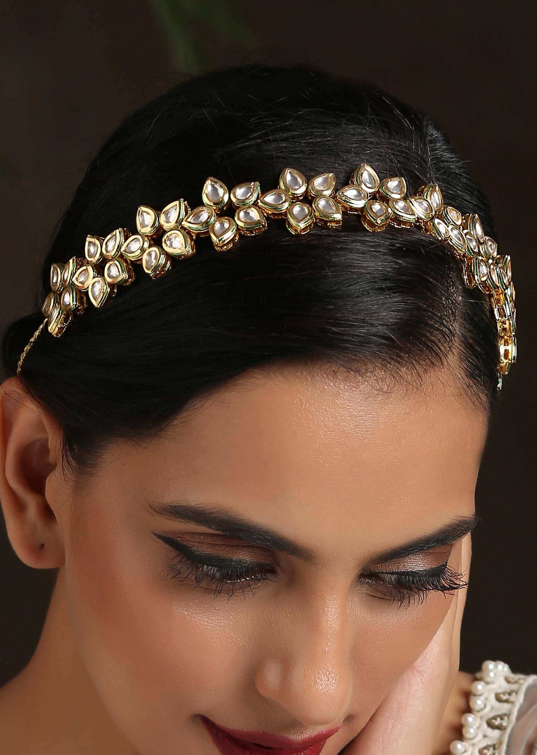 Gold Plated Sheeshpatti With Shell Pearls And Kundan Work In Floral Motifs