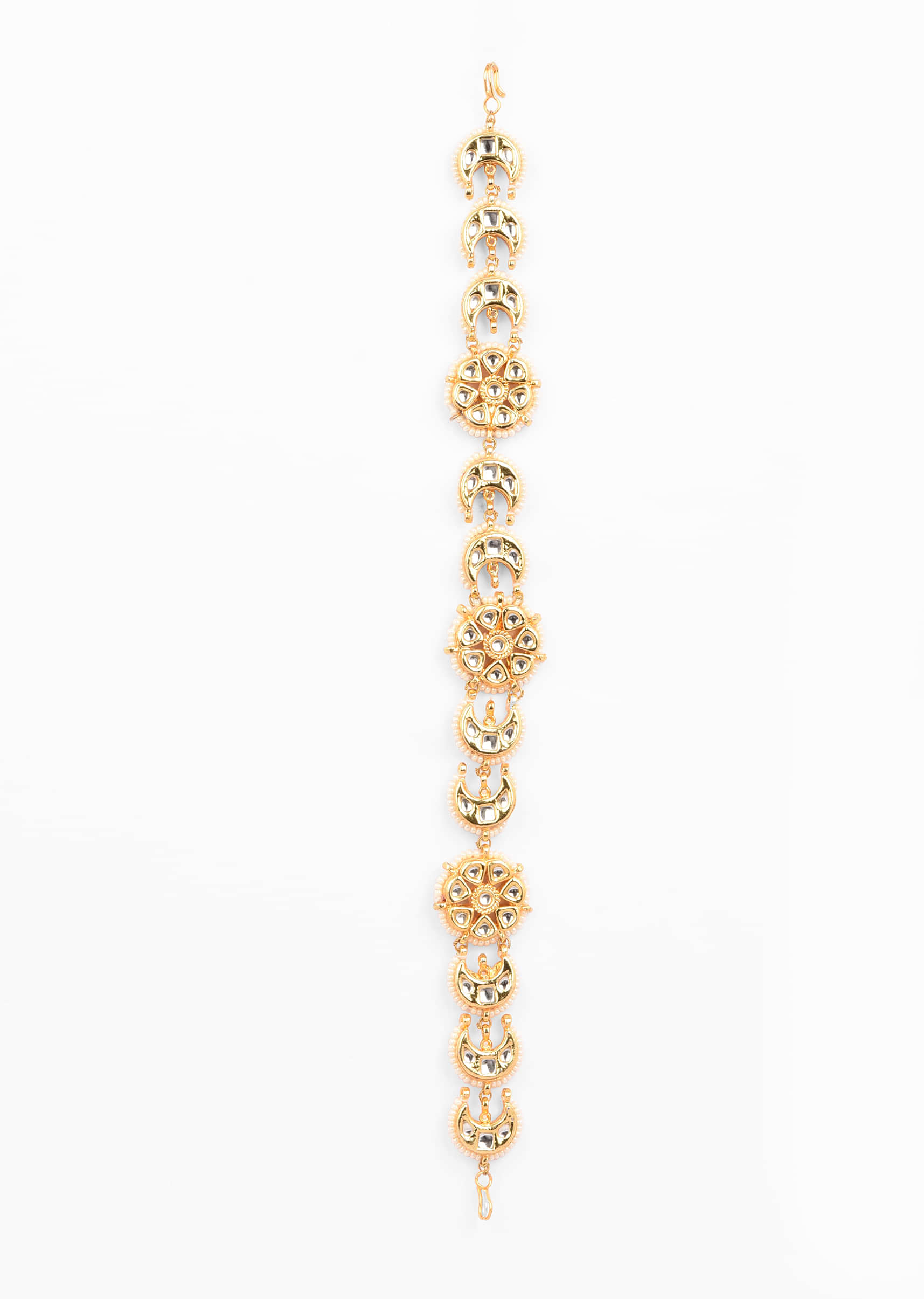 Gold Plated Sheeshphool With Floral And Crescent Polki Edged In Moti Beads 