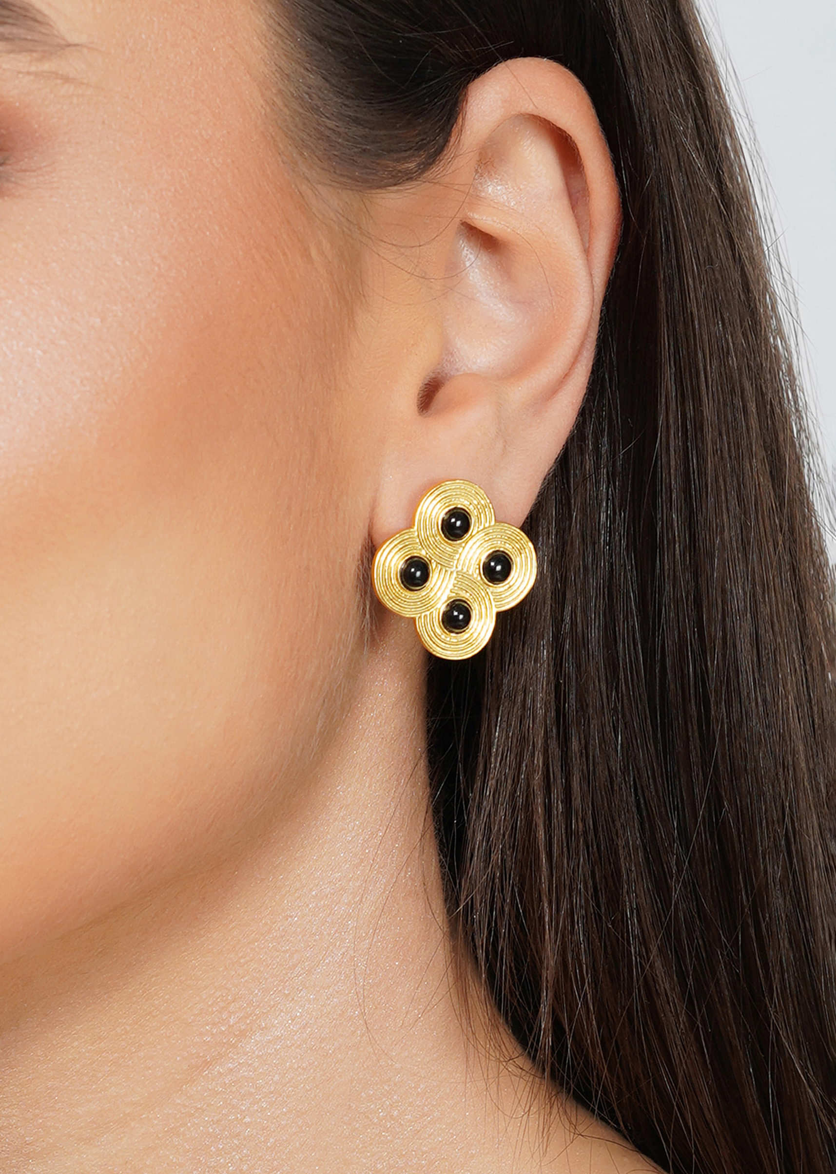 Gold Plated Stud Earrings Embellished With Black Onyx Stones
