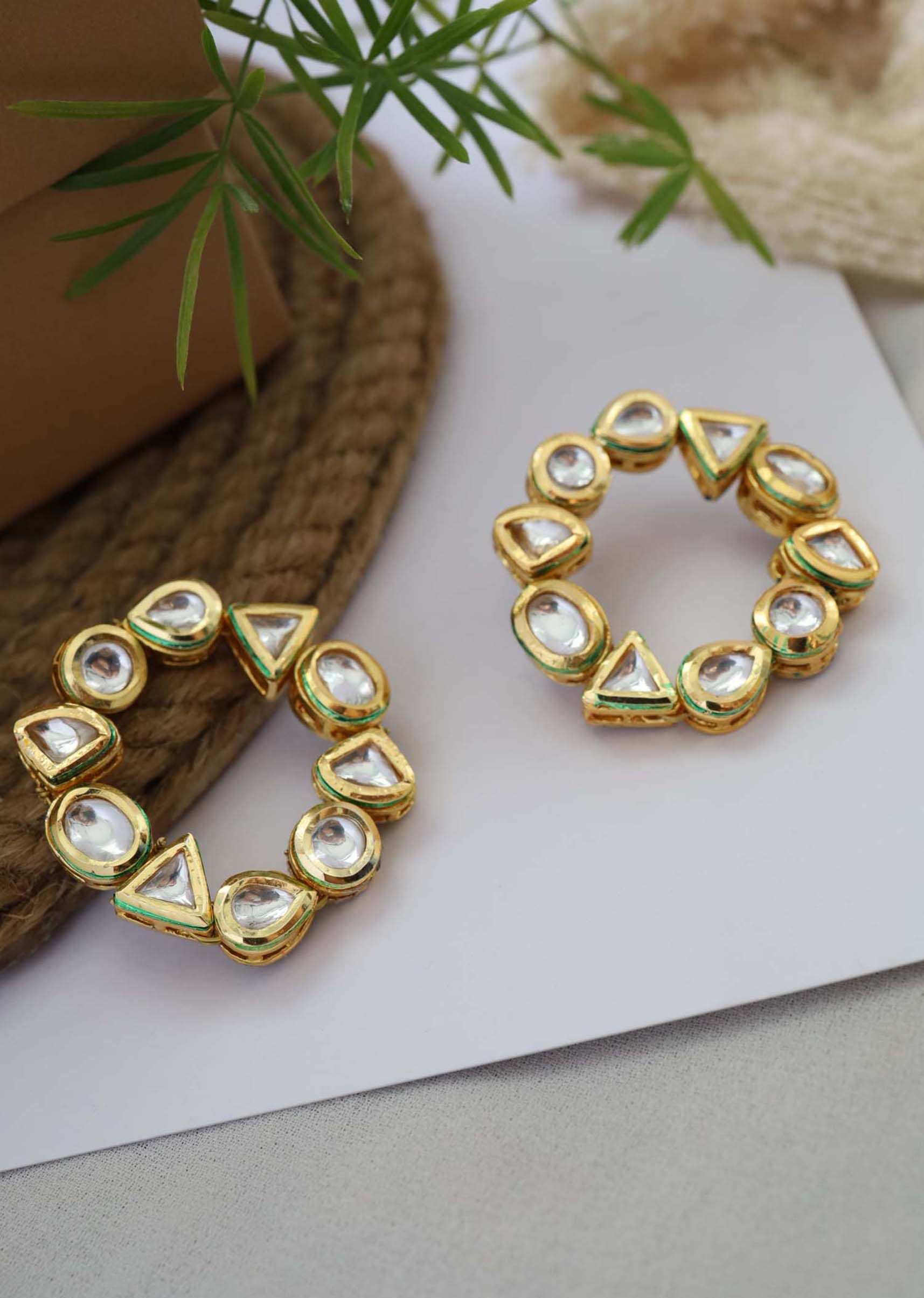 Gold Plated Stud Earrings With Kundan Arranged In A Round Design