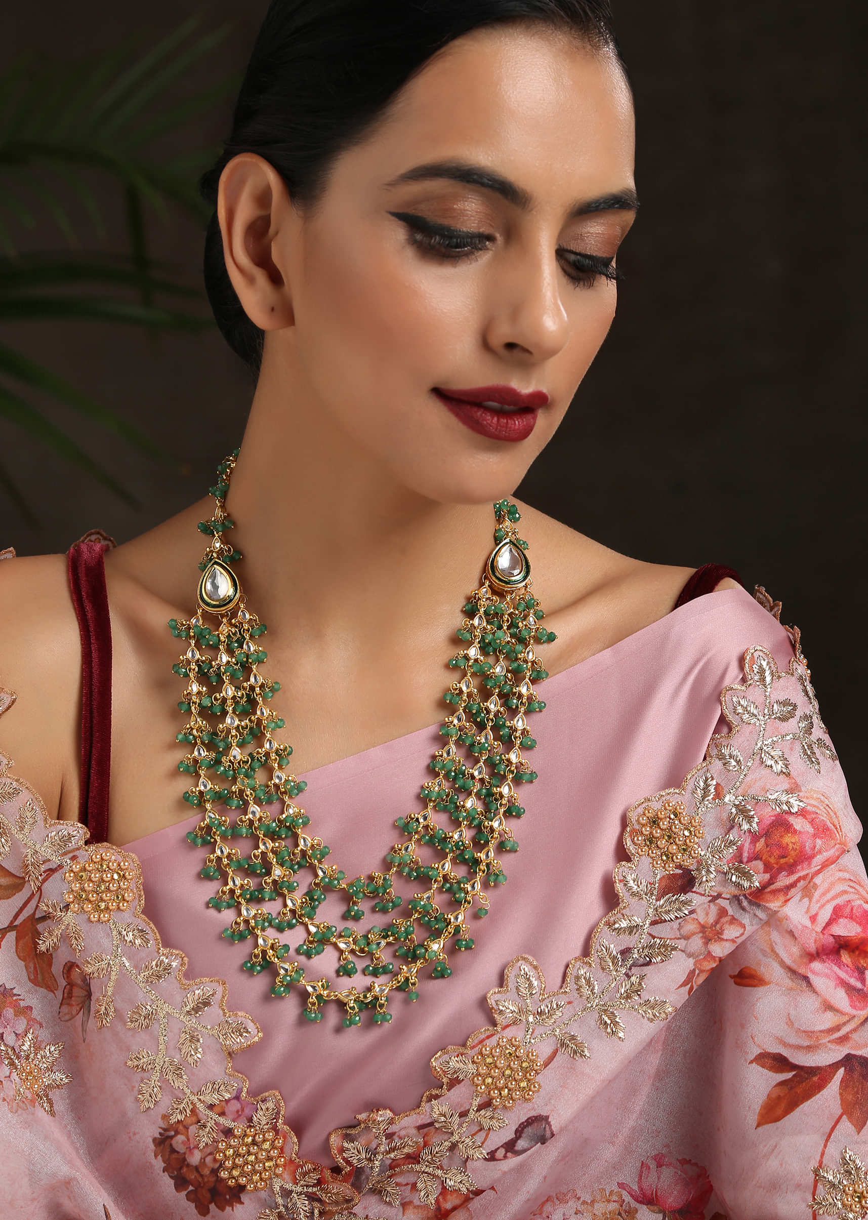 Gold Plated Sushma Necklace With Multiple Layers Of Kundan And Green Stones By Paisley Pop