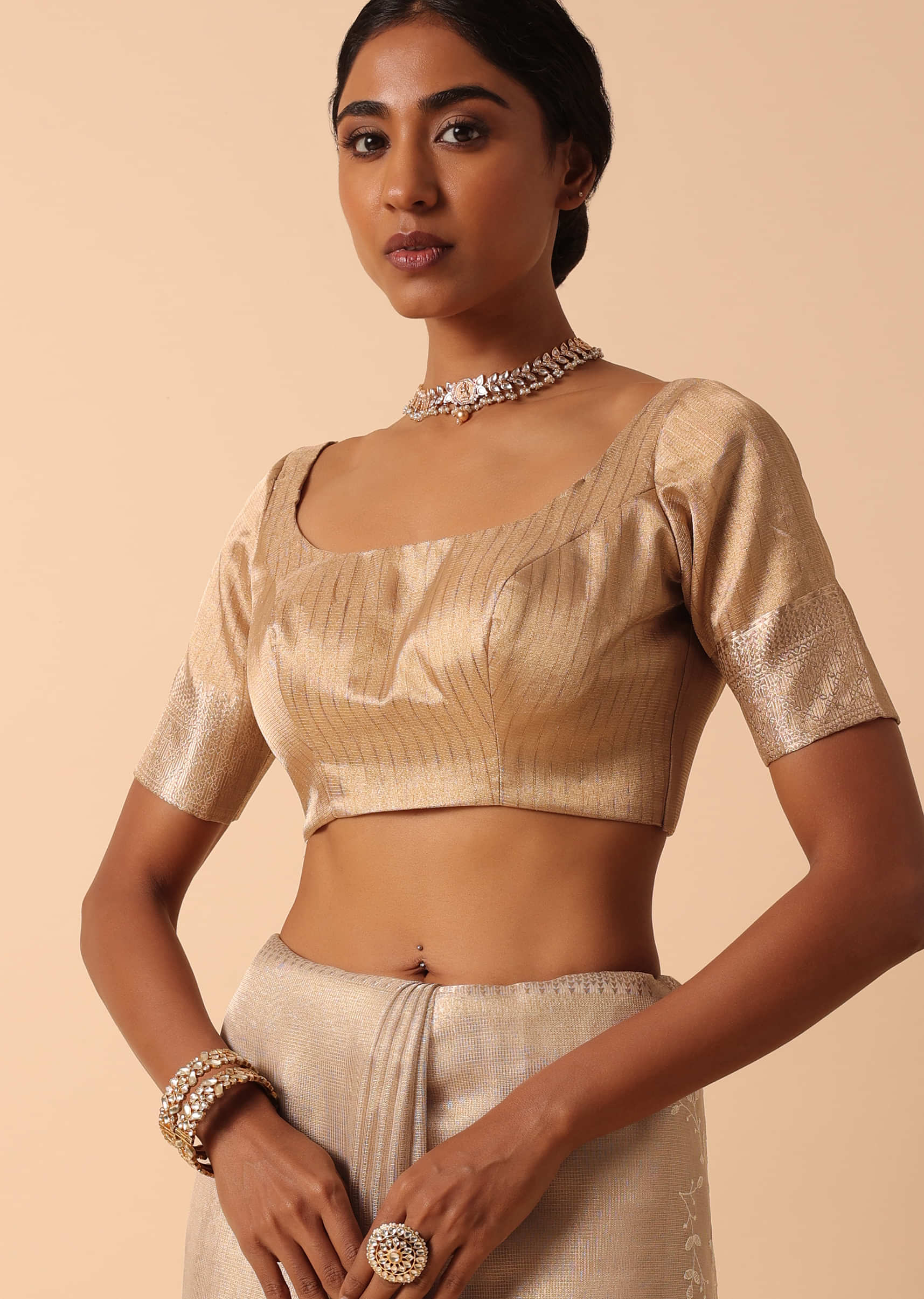 Buy Gold Beige Blouse In Raw Silk With Sweetheart Neckline And Embroidered  Floral And Checks Pattern Online - Kalki Fashion