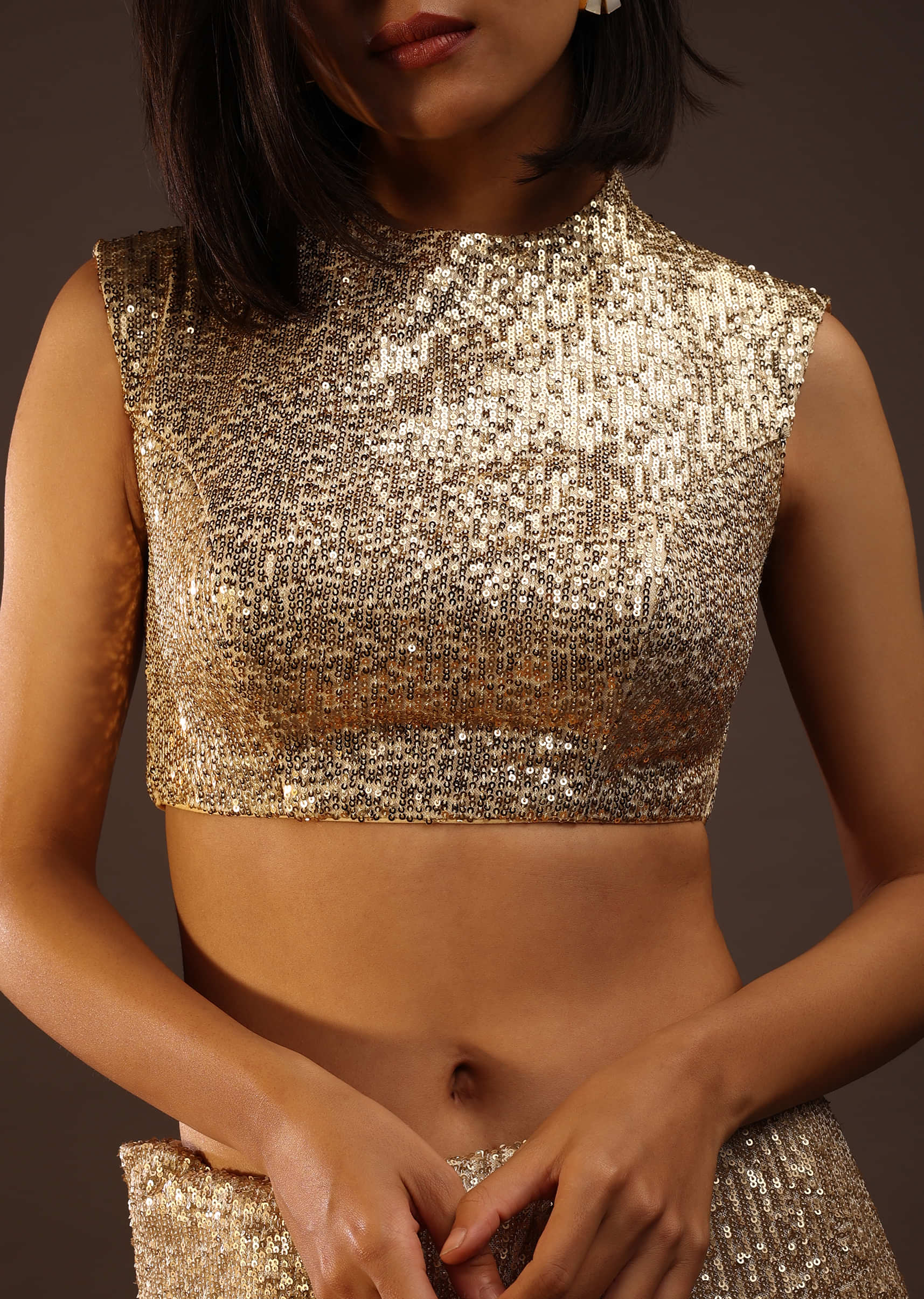 Gold Sequins Sleeveless Blouse With A Round Neckline