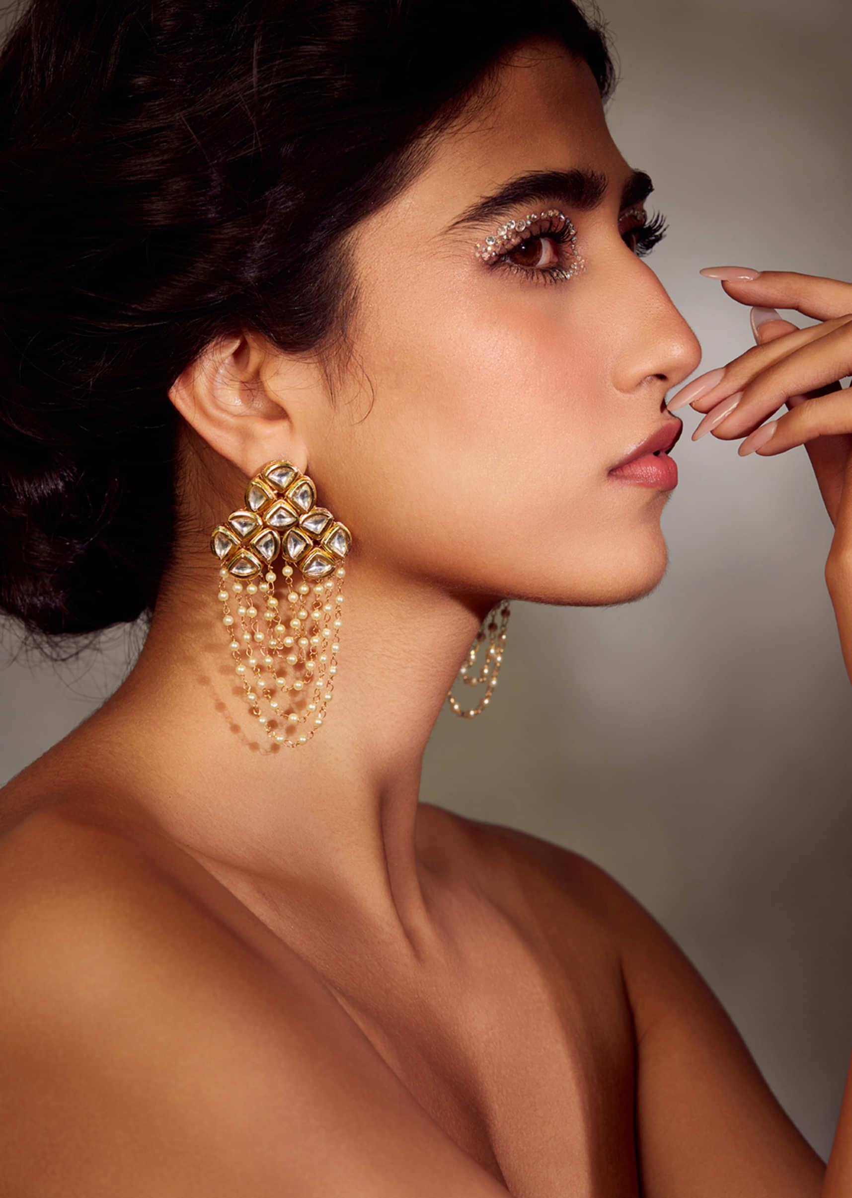 Rubans 24K Gold toned pearl beaded Kundan studded jhumka earrings