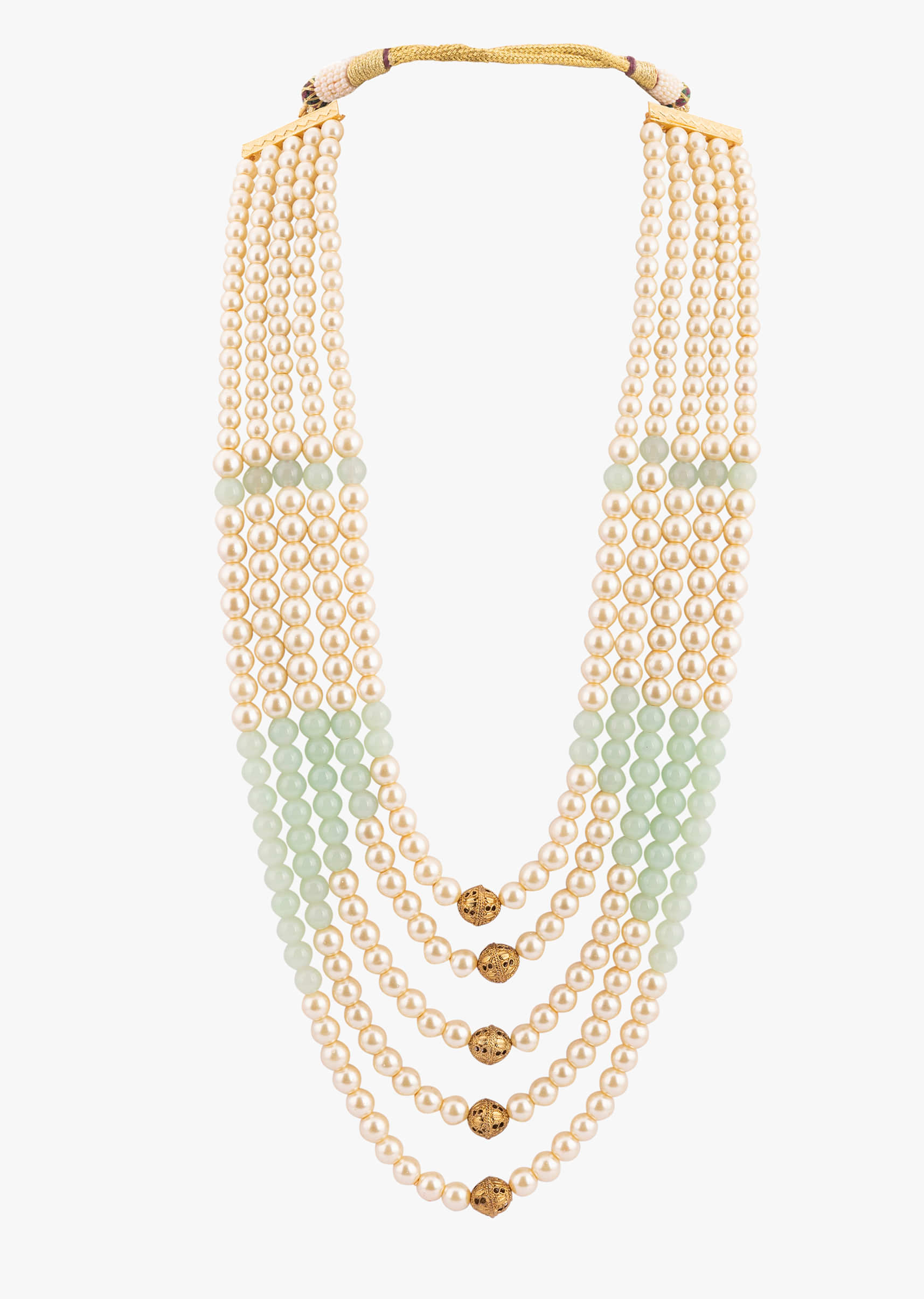 Gold Toned Layered Ivory Pearl Mala With Green Beads