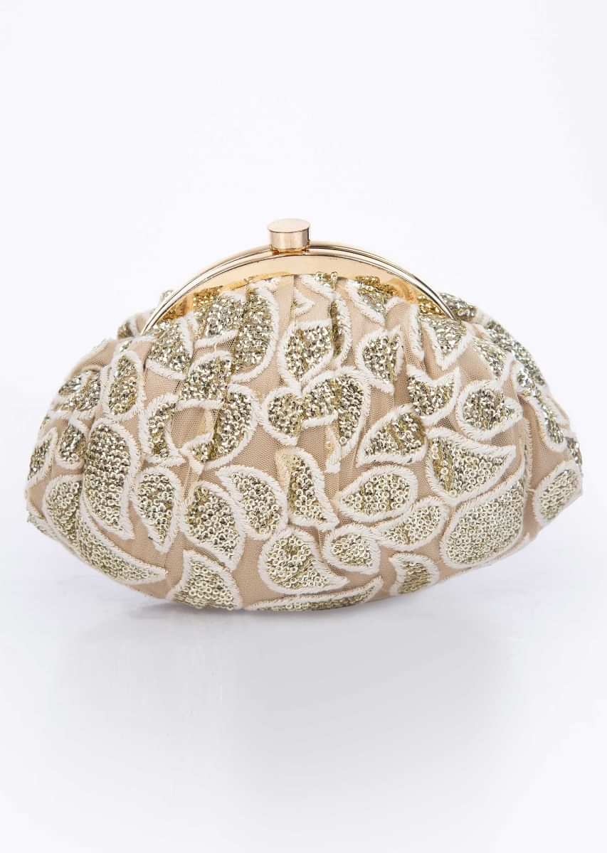 Golden beige embroidered net clutch in paisley motif only on Kalki