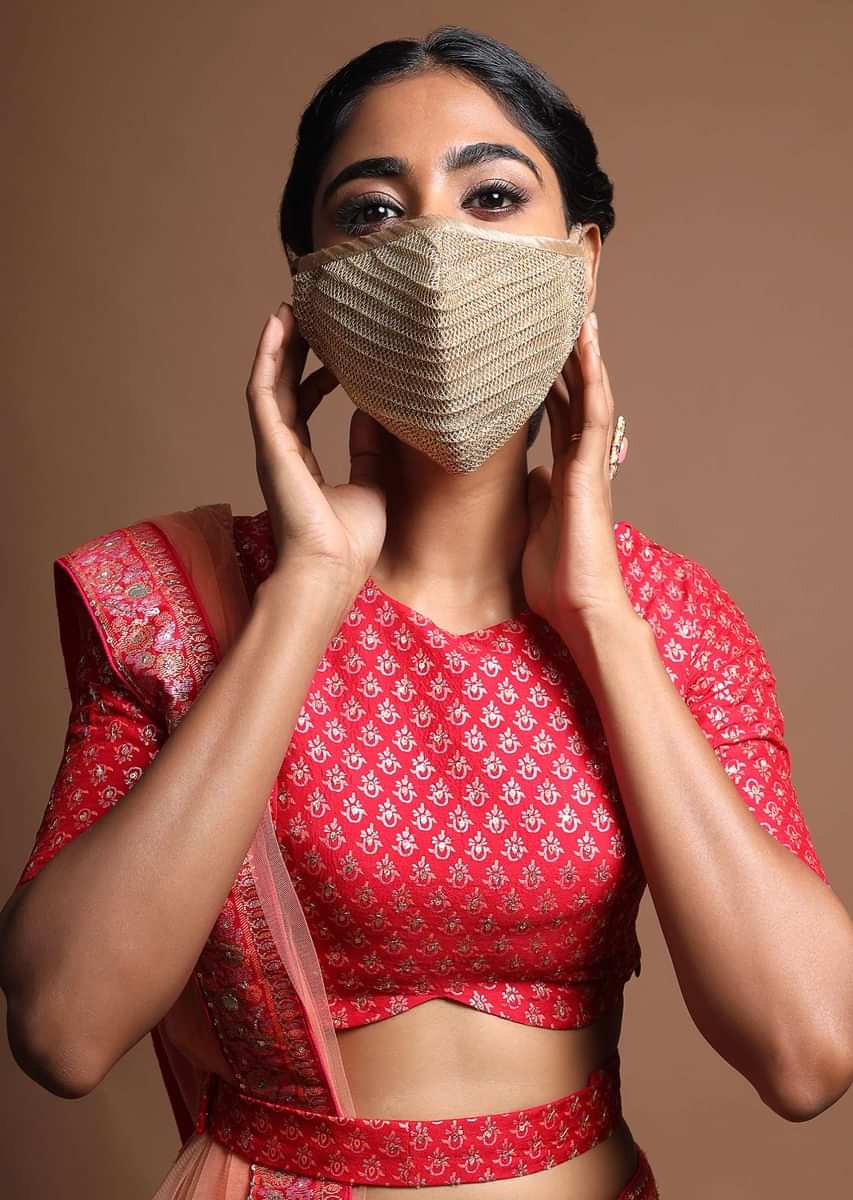 Golden Face Mask In Embroidered Mesh Fabric With Golden Piping Online - Kalki Fashion