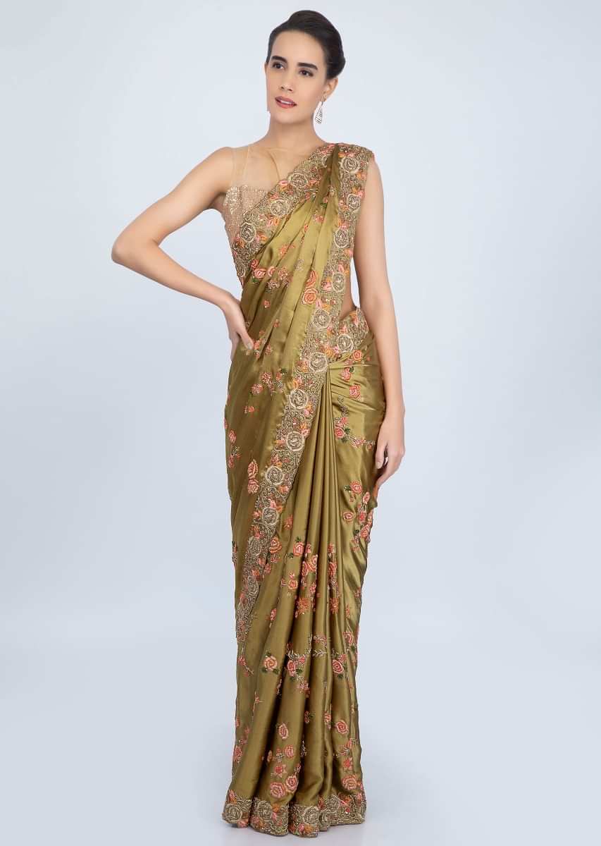 Golden Mustard Saree In Satin With Embroidered Floral Butti And Border Online - Kalki Fashion