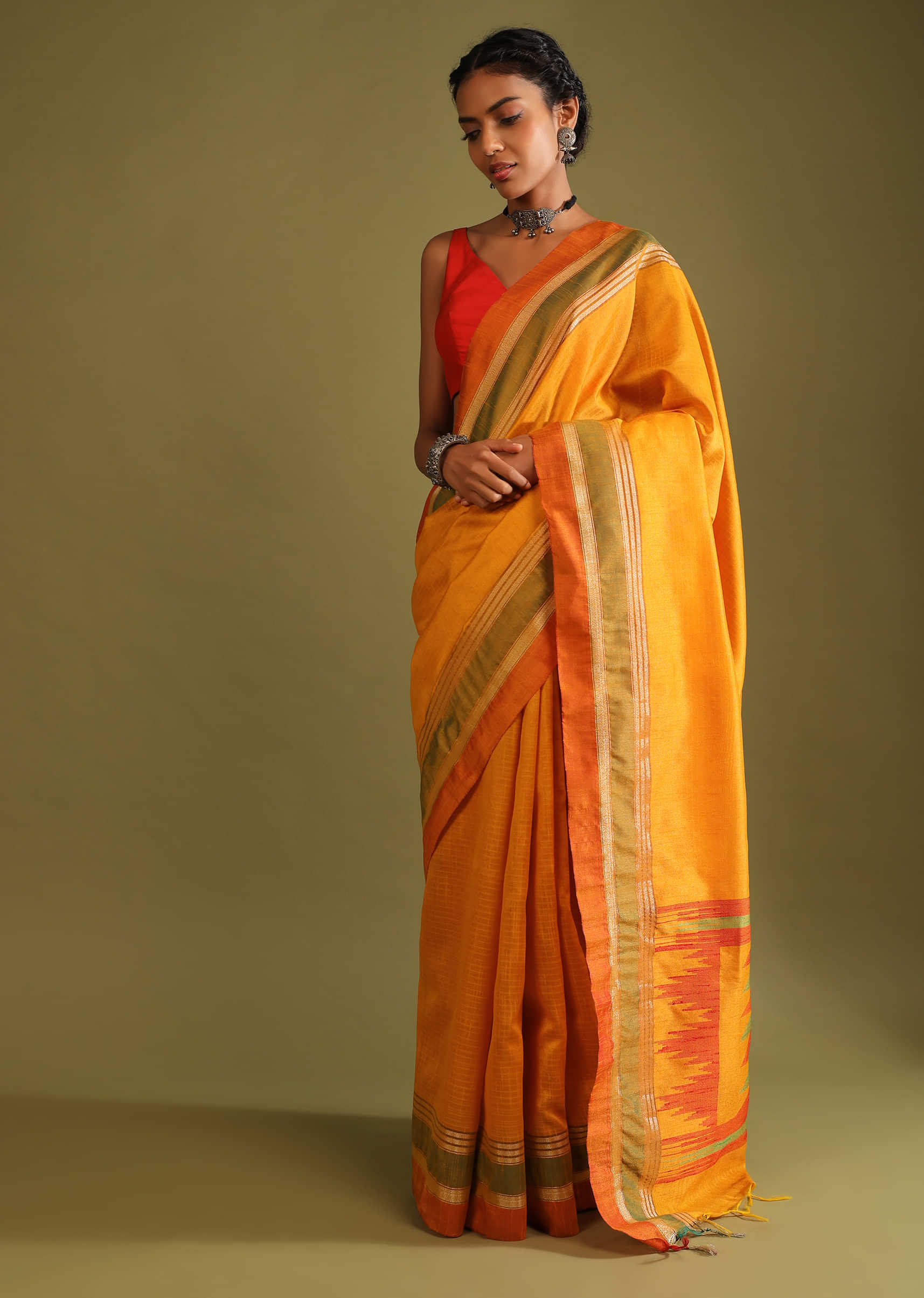 Golden Oak Yellow Saree In Tussar Silk With Multi Colored Thread Embroidered Abstract Design On The Pallu  