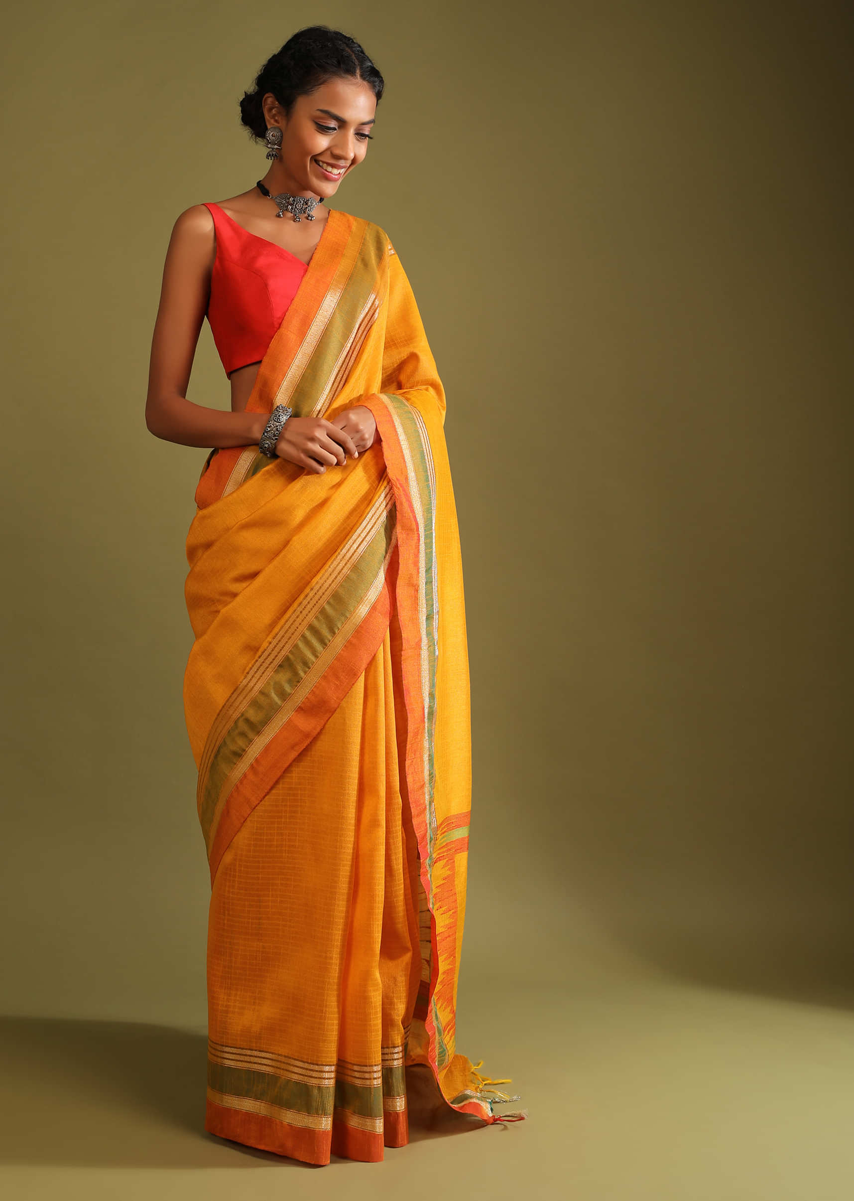 Golden Oak Yellow Saree In Tussar Silk With Multi Colored Thread Embroidered Abstract Design On The Pallu  