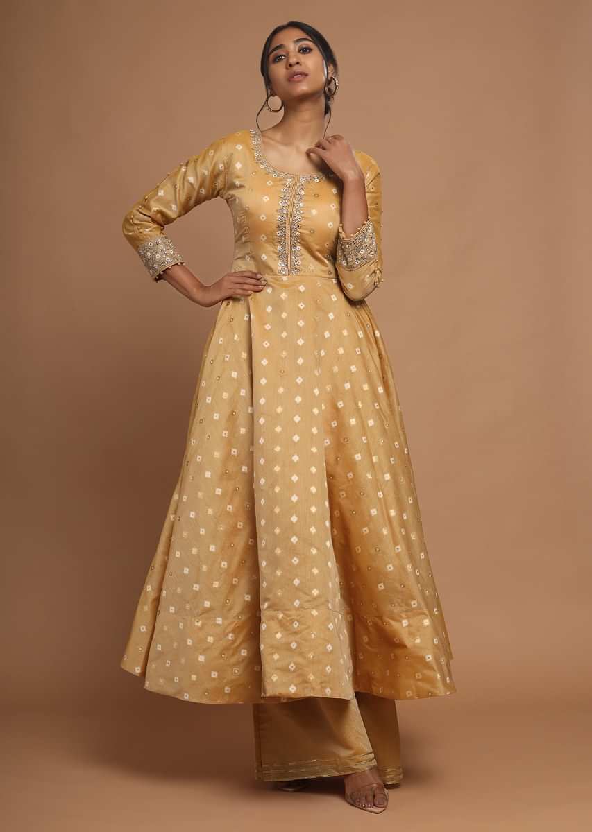 Buy Yellow Self Design Silk Straight Kurta With Trousers  Dupatta Online   Libas