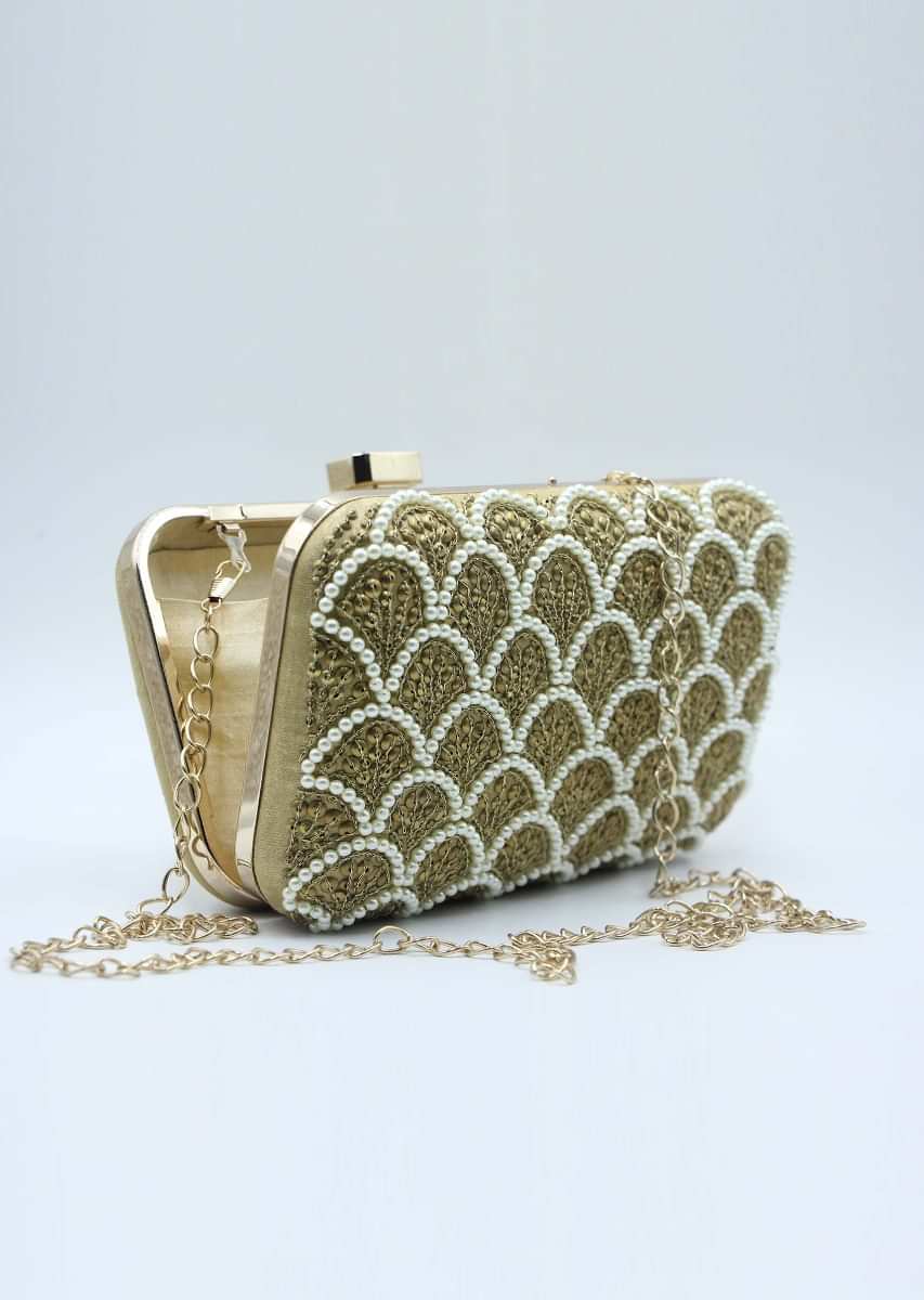 Golden pearl beaded embroidered square box clutch