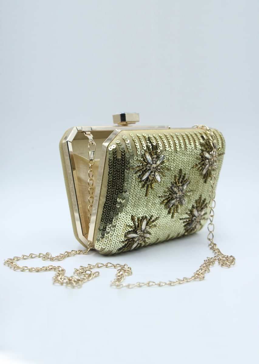 Golden sequins hand embroidered hexagonal box clutch only on Kalki