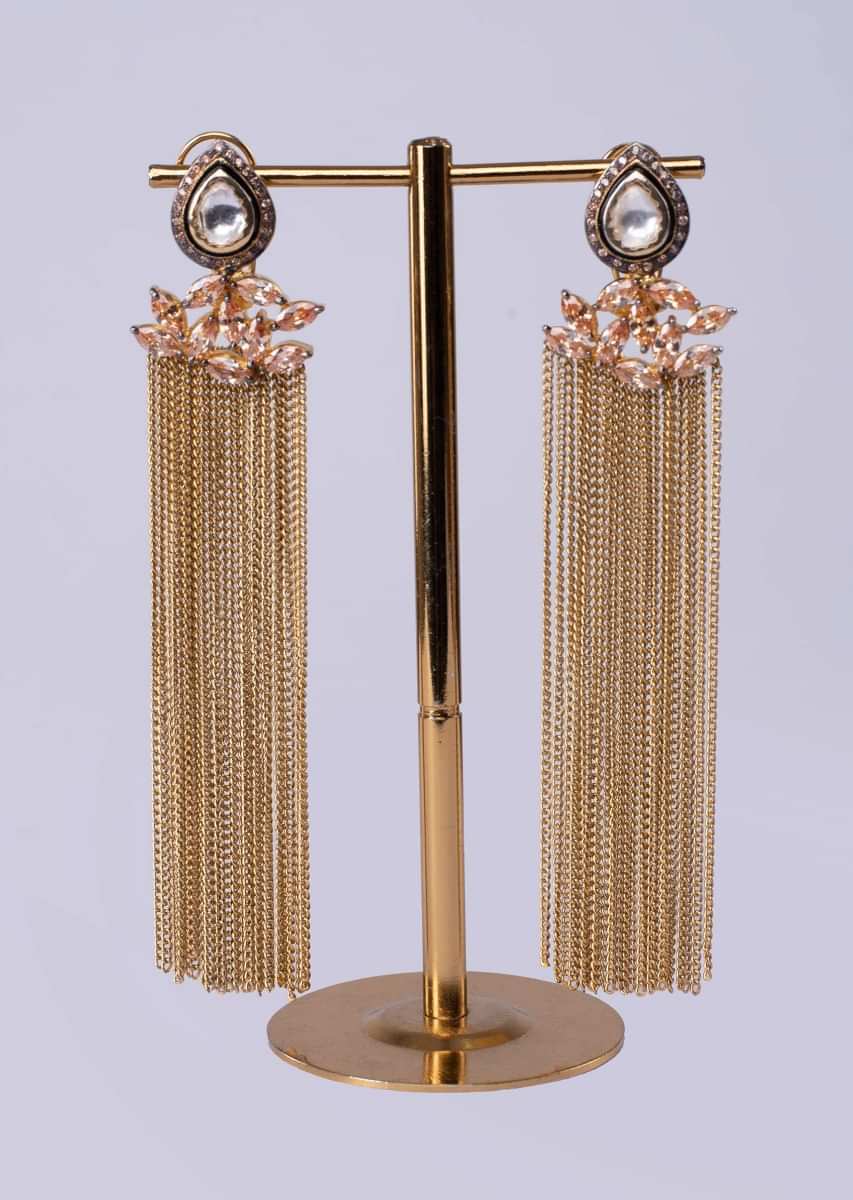 Golden sleek tassel earring with kundan and stone  only on Kalki