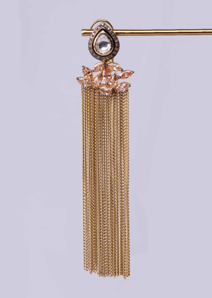 Golden sleek tassel earring with kundan and stone  only on Kalki