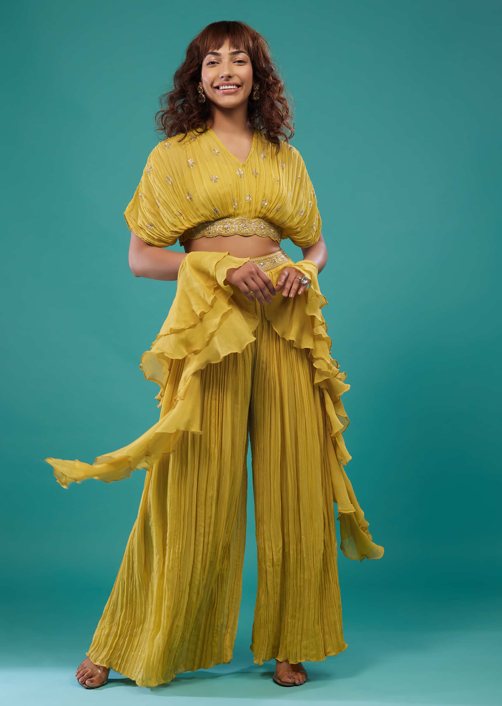 Cyber Yellow Hand-Embroidered Palazzo Crop-Top Set In Georgette