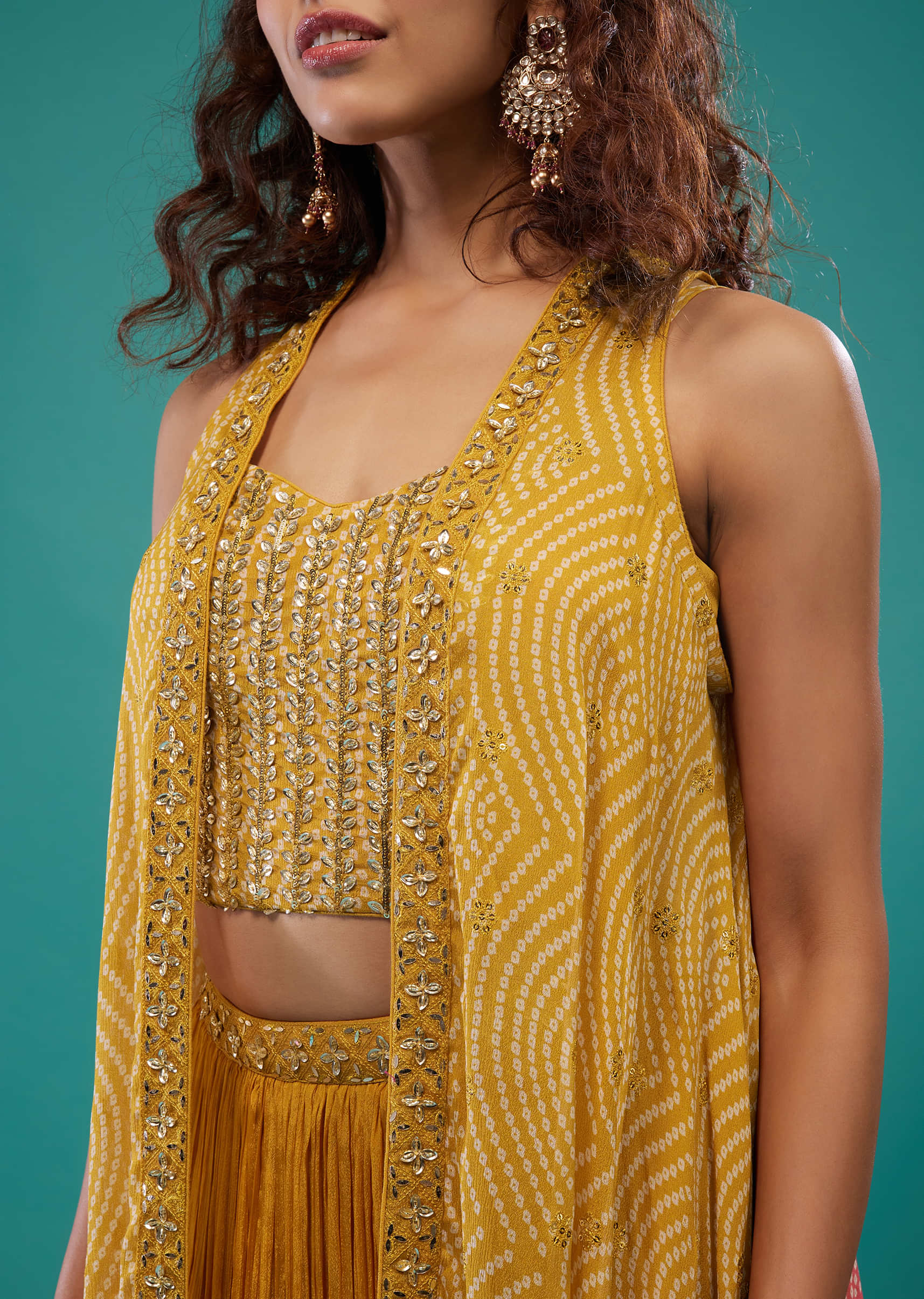 Amber Yellow Embroidered Skirt Crop-Top Set In Chinon