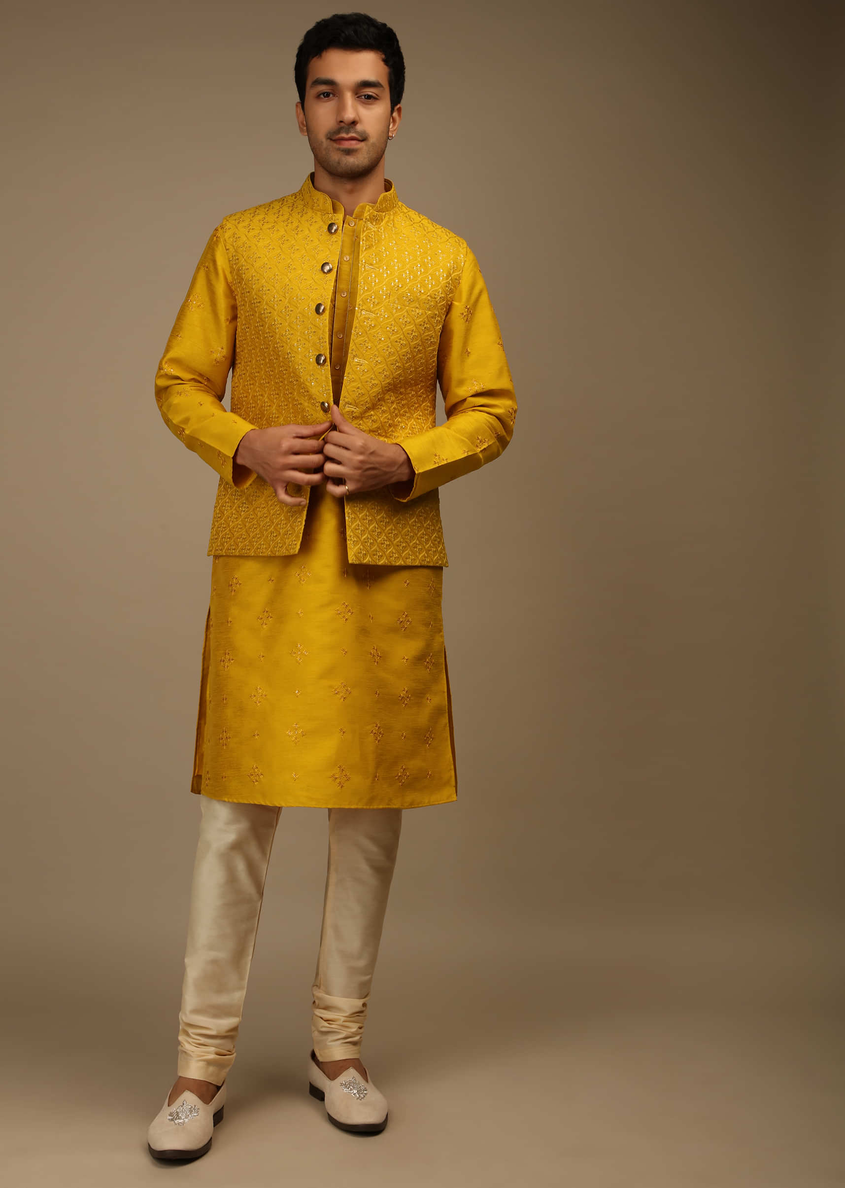 Golden Mustard Nehru Jacket And Kurta Set In Raw Silk With Resham And Sequins Embroidered Moroccan Jaal