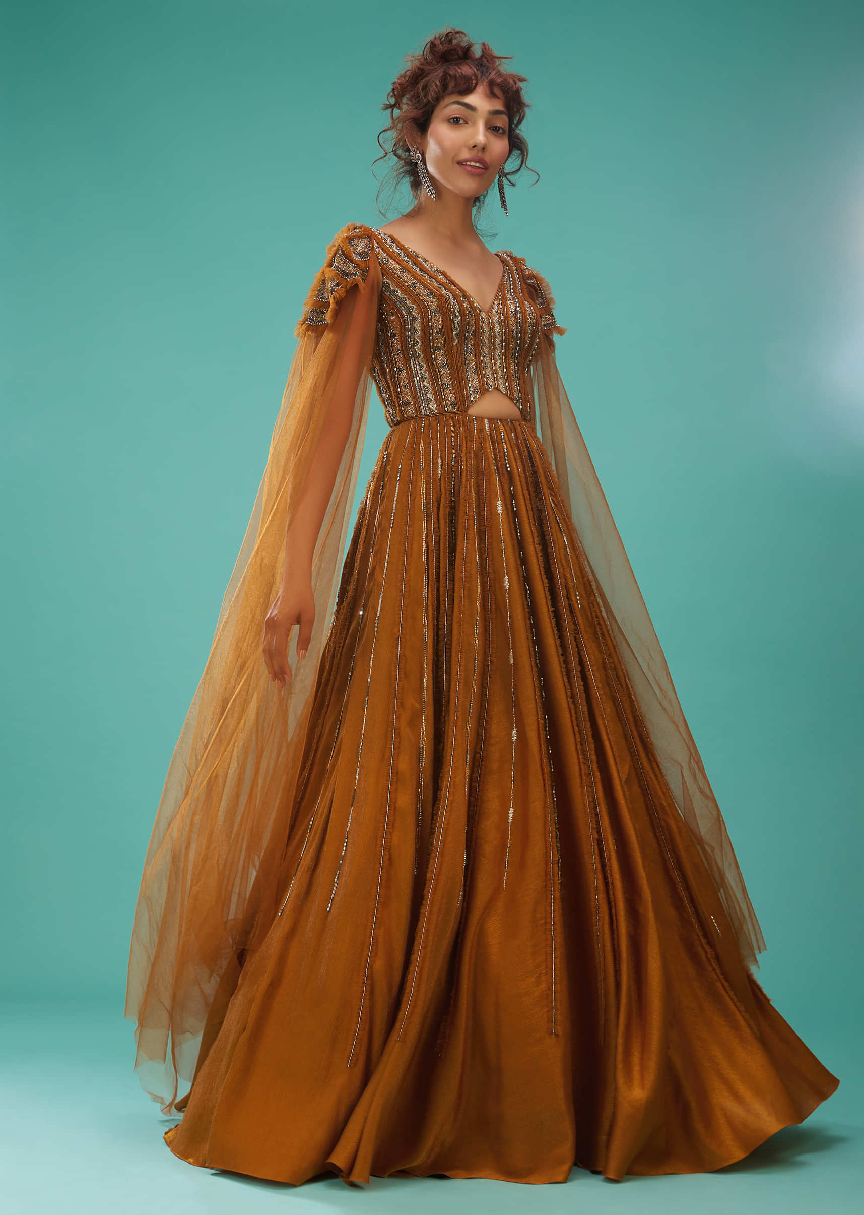 Kalki Golden Oak Yellow Ball Gown With Ruffle Frills And Embroidery