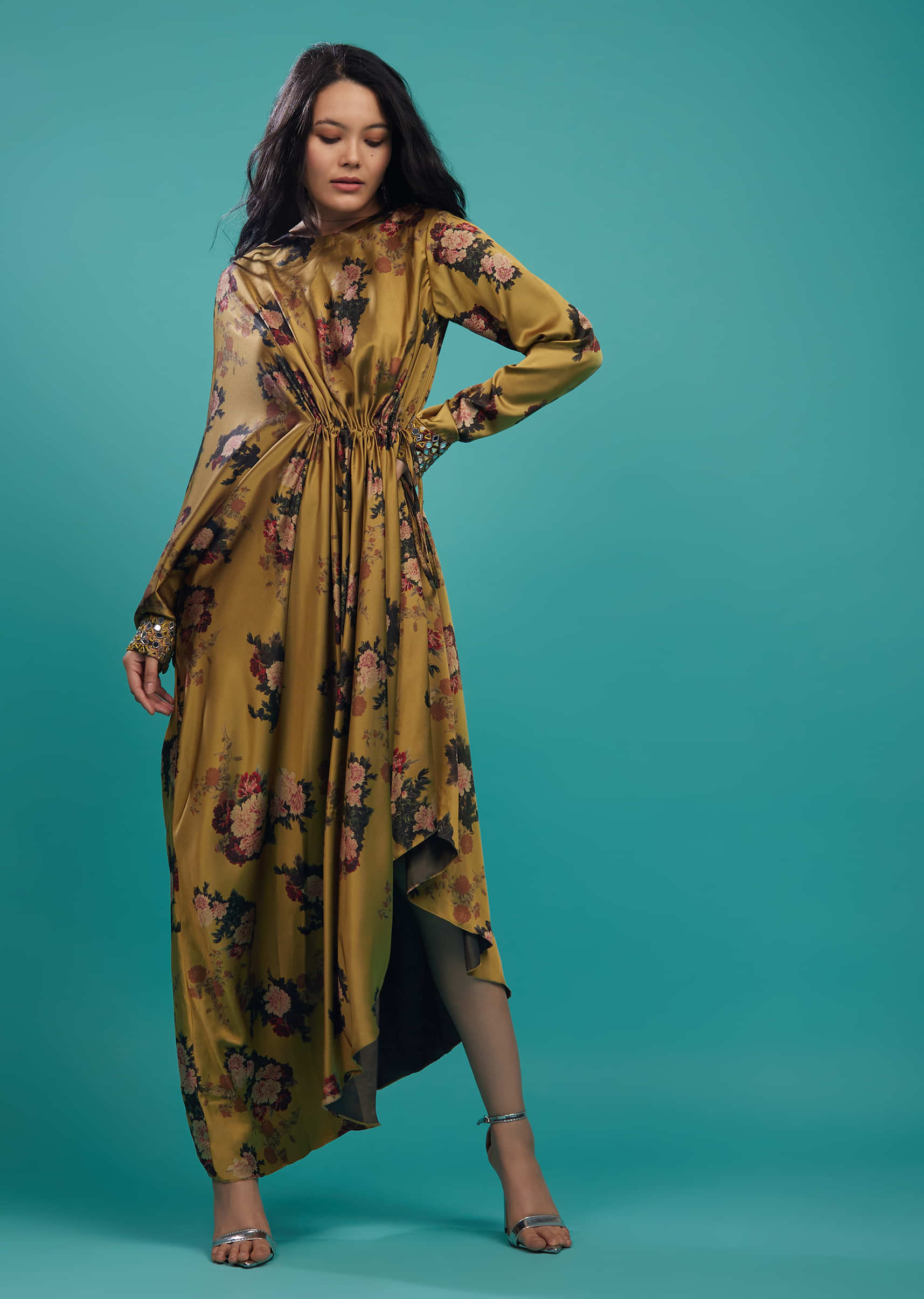 Golden Palm Yellow Silk Gown In Floral Print