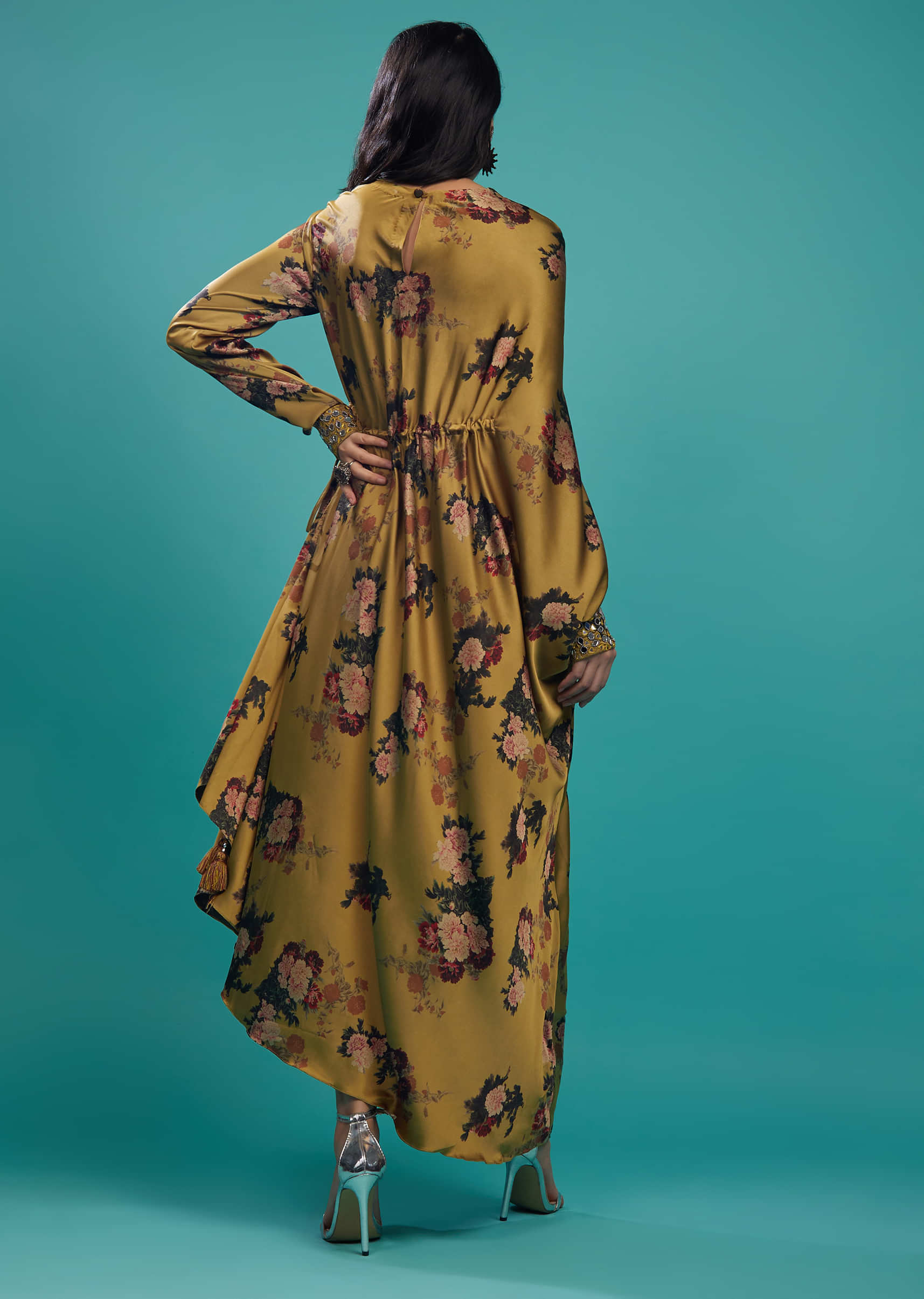 Ocher Yellow Silk Gown In Floral Print