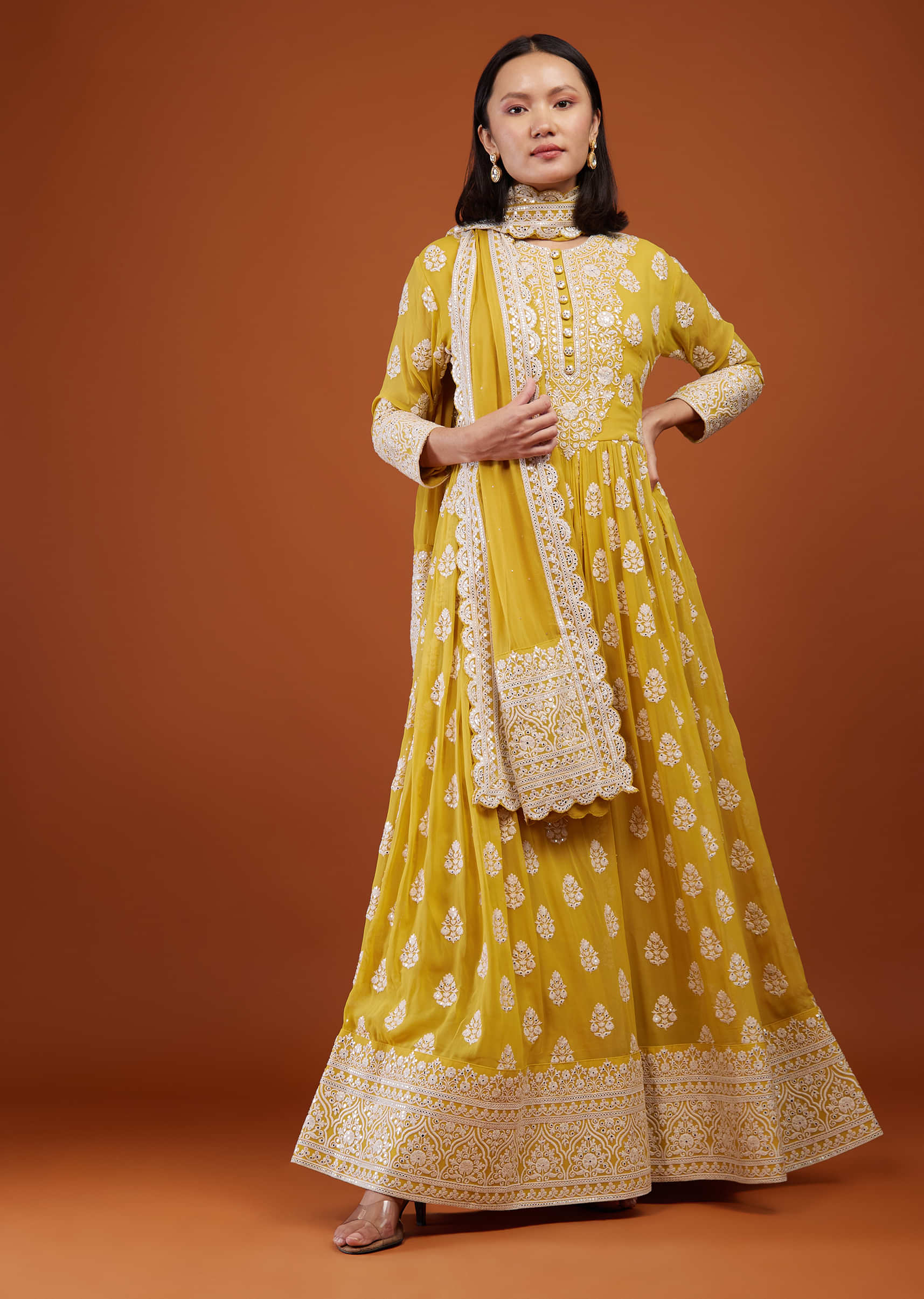 Marigold Yellow Embroidered Anarkali Suit In Georgette