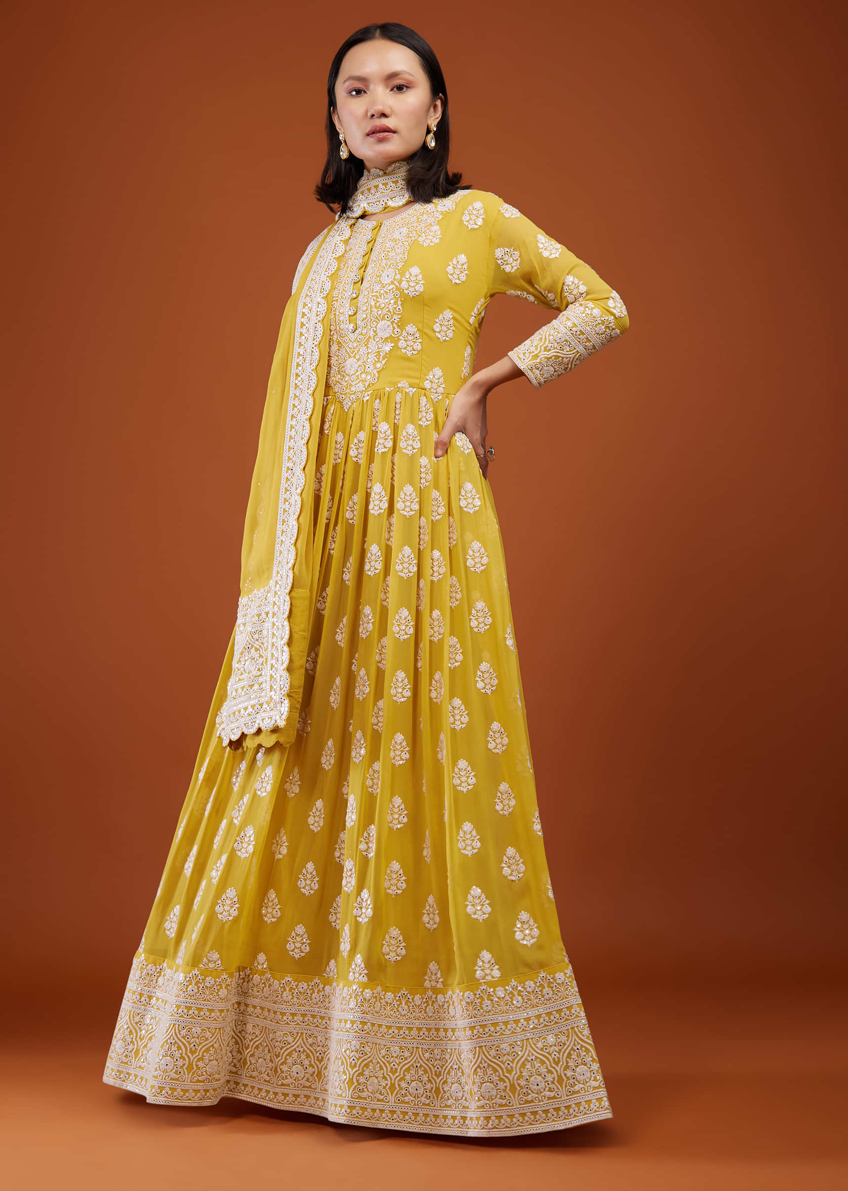 Marigold Yellow Embroidered Anarkali Suit In Georgette