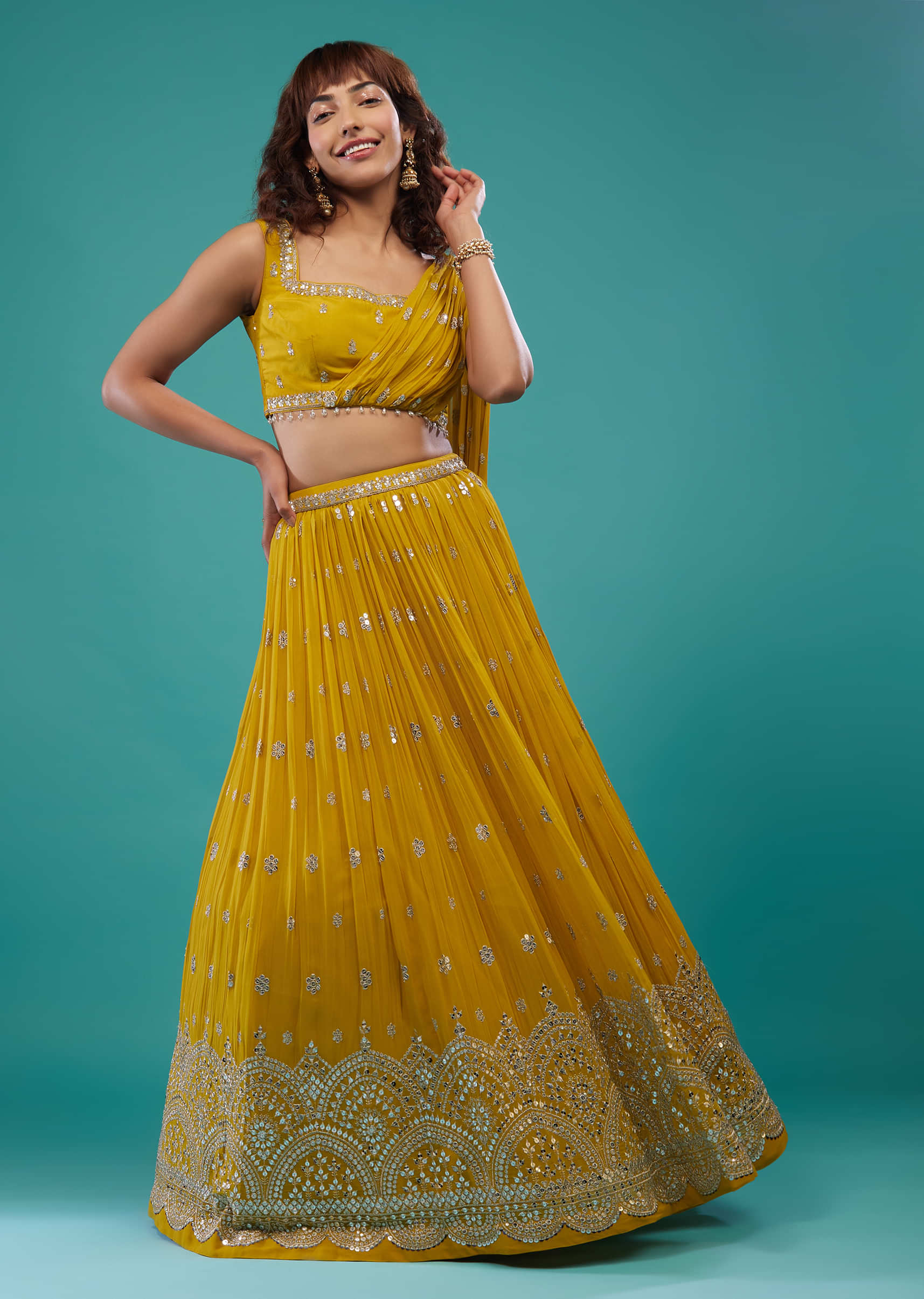 Golden Rod Yellow Embroidered Lehenga Set In Georgette