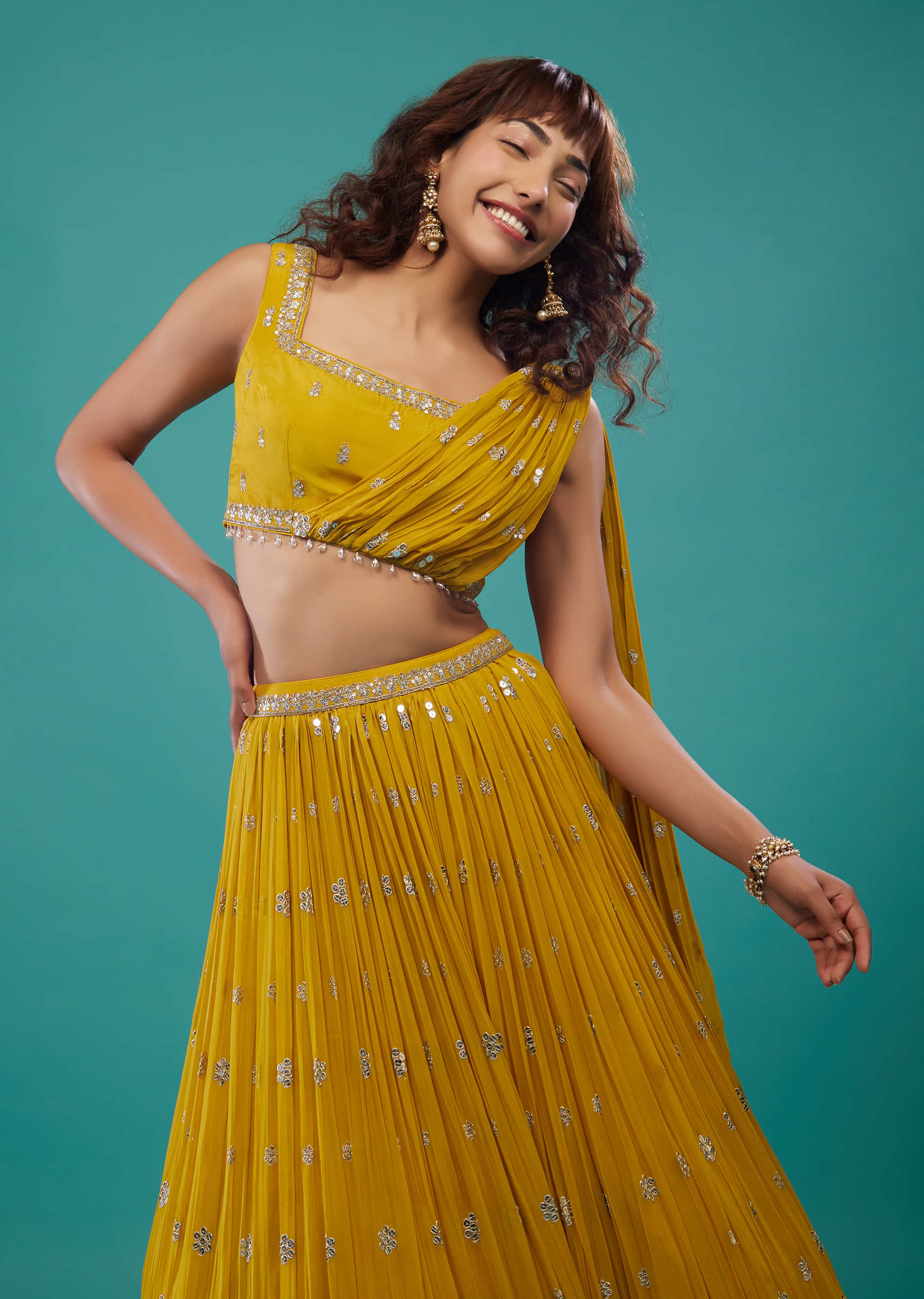 Chrome Yellow Embroidered Lehenga Set In Georgette