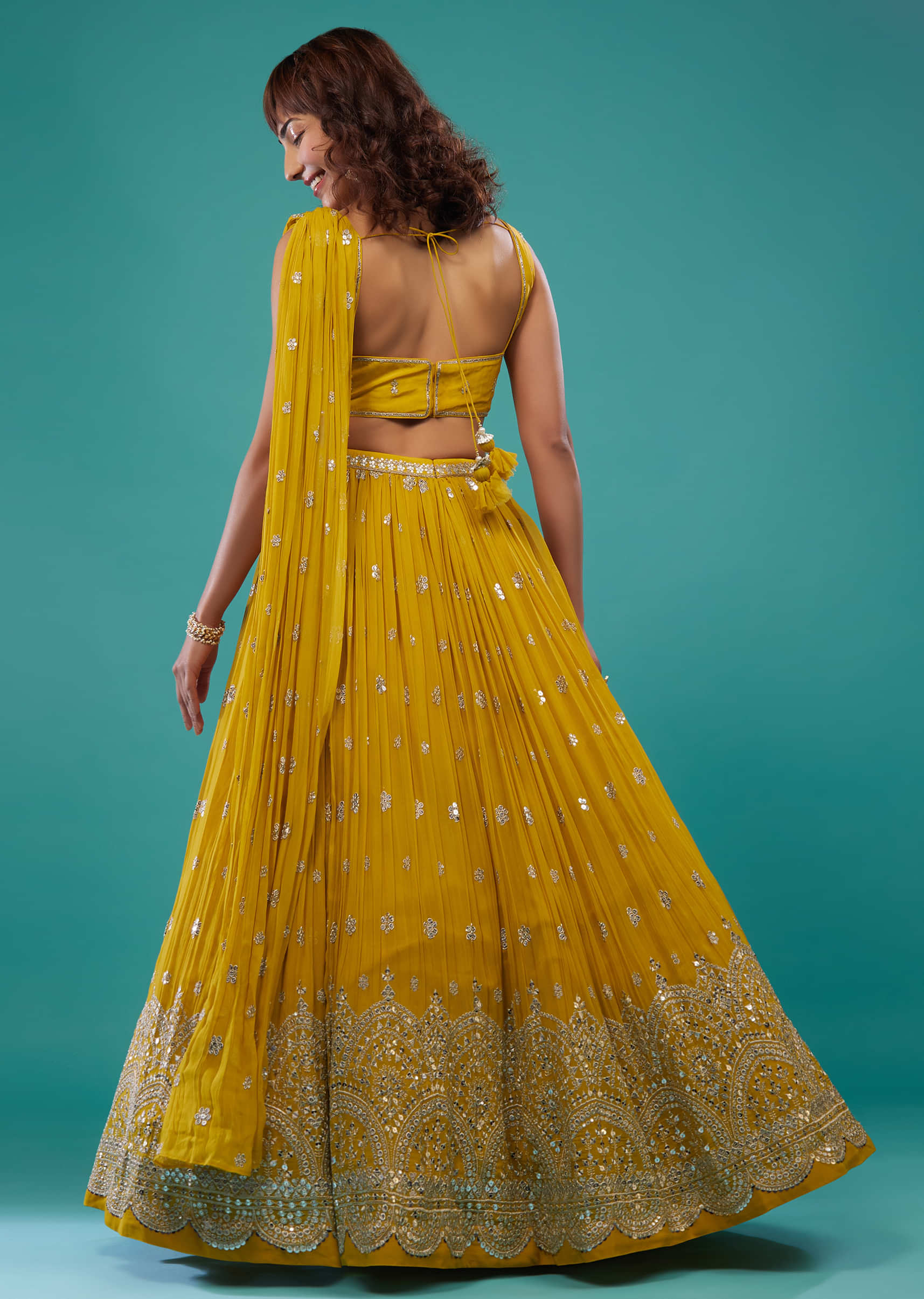 Chrome Yellow Embroidered Lehenga Set In Georgette